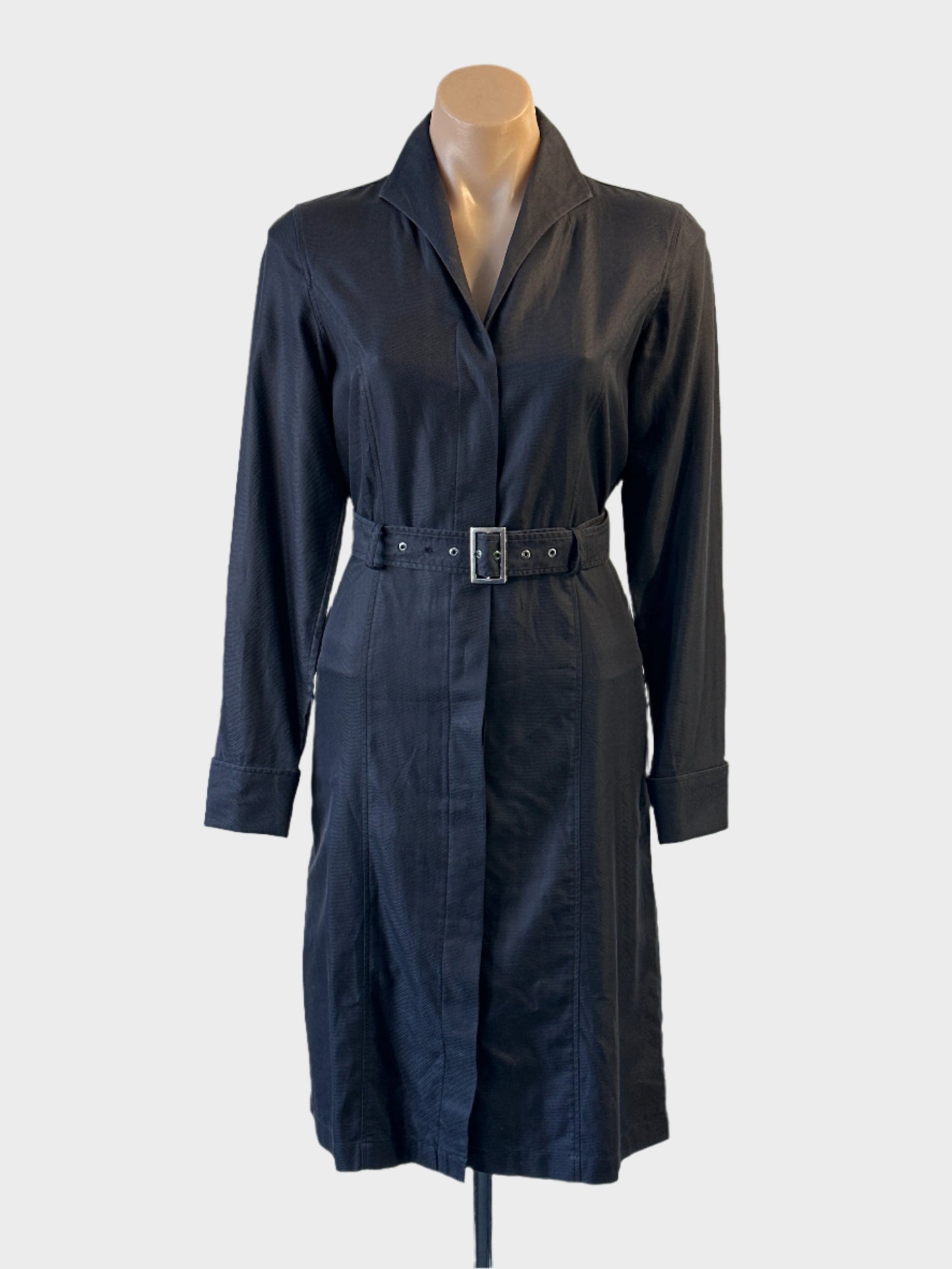 Designer Herringbone shirt dress in grey cotton with French cuffs and belt for office wear.