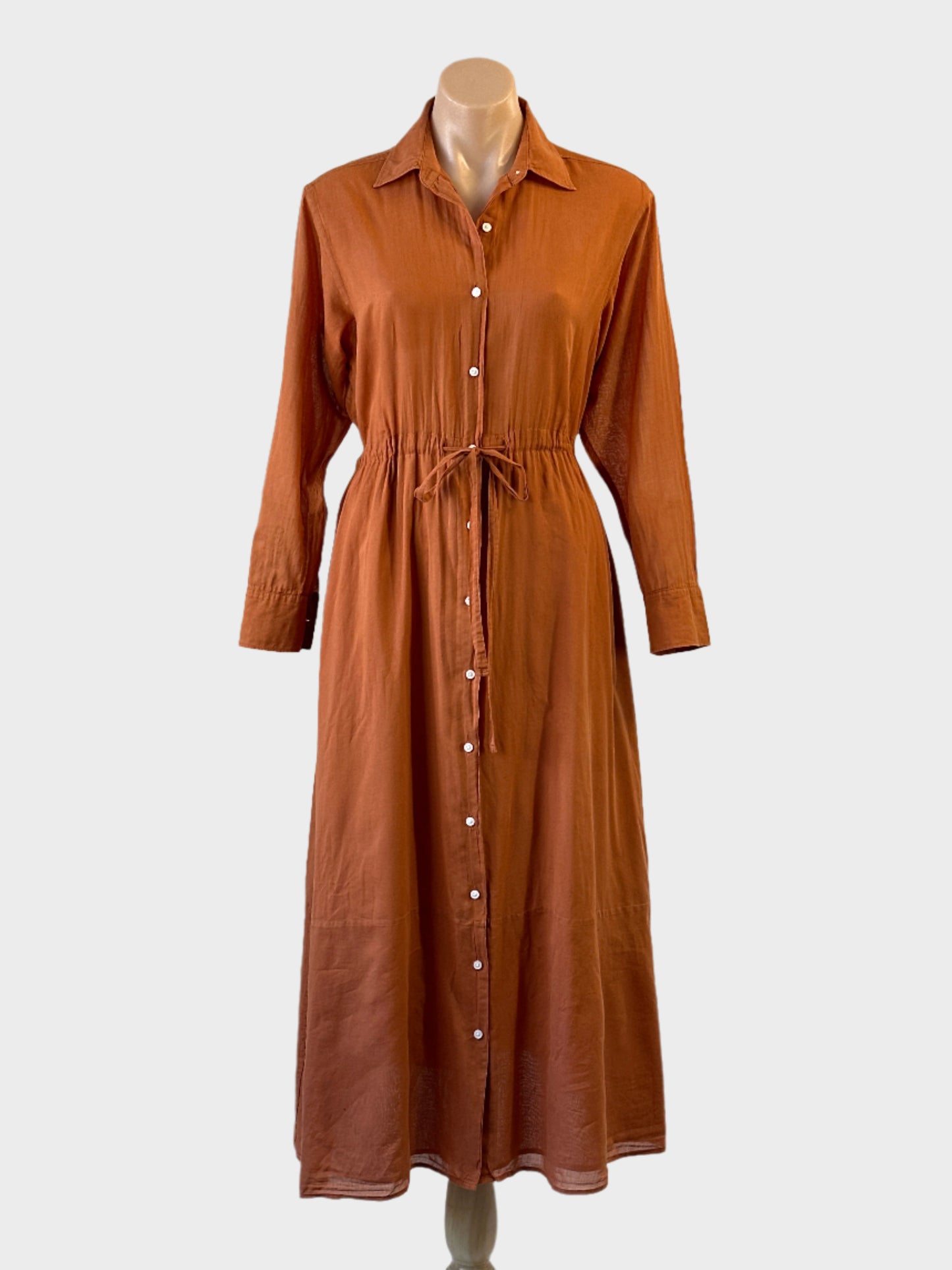 Designer Jac + Jack burnt sienna cotton shirt dress with button front, drawstring waist and softly gathered midi skirt for office or smart casual.