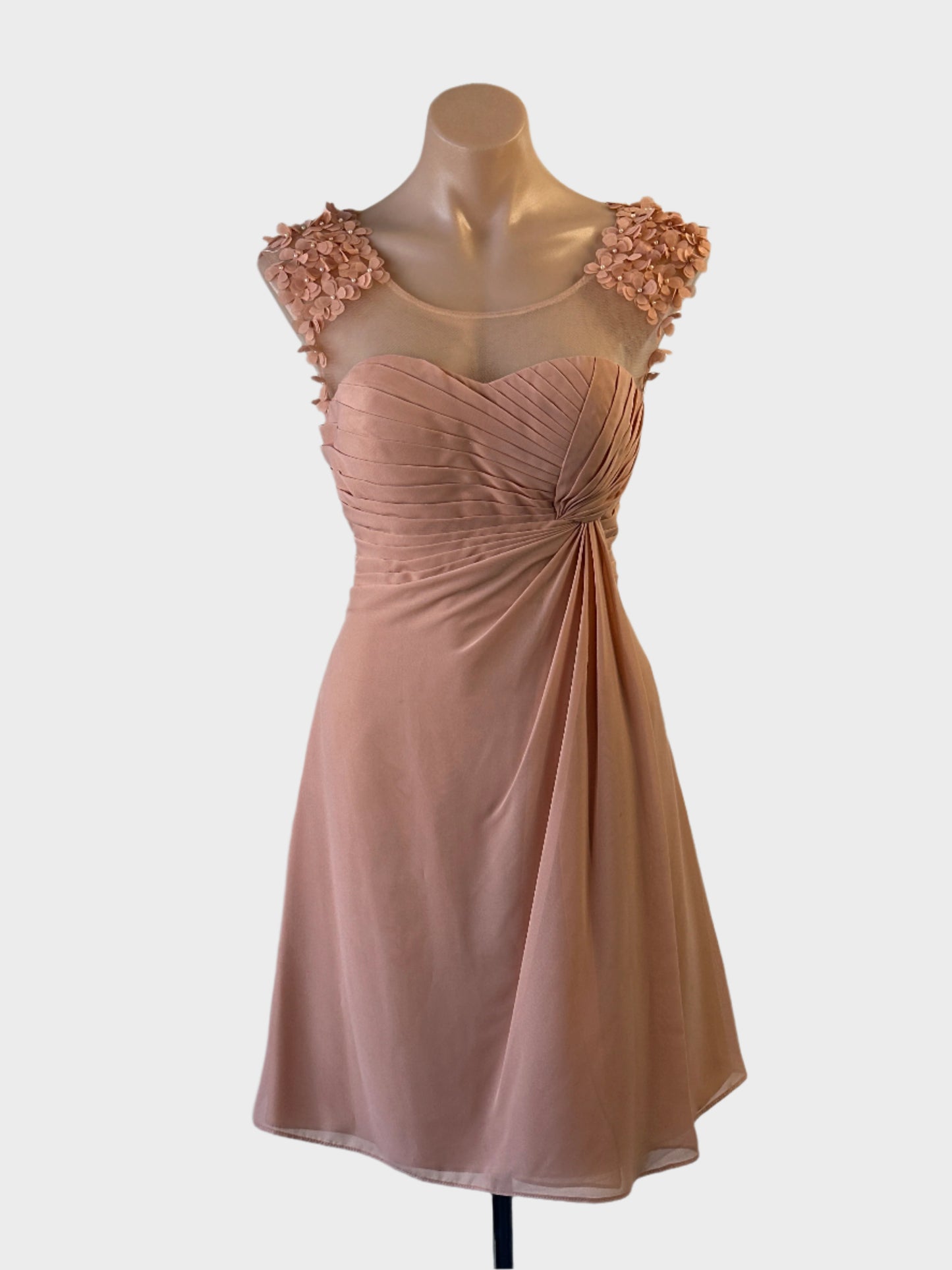 Jadore pink sleeveless A-line dress with pleated bodice and appliqué flowers for formal or special events.