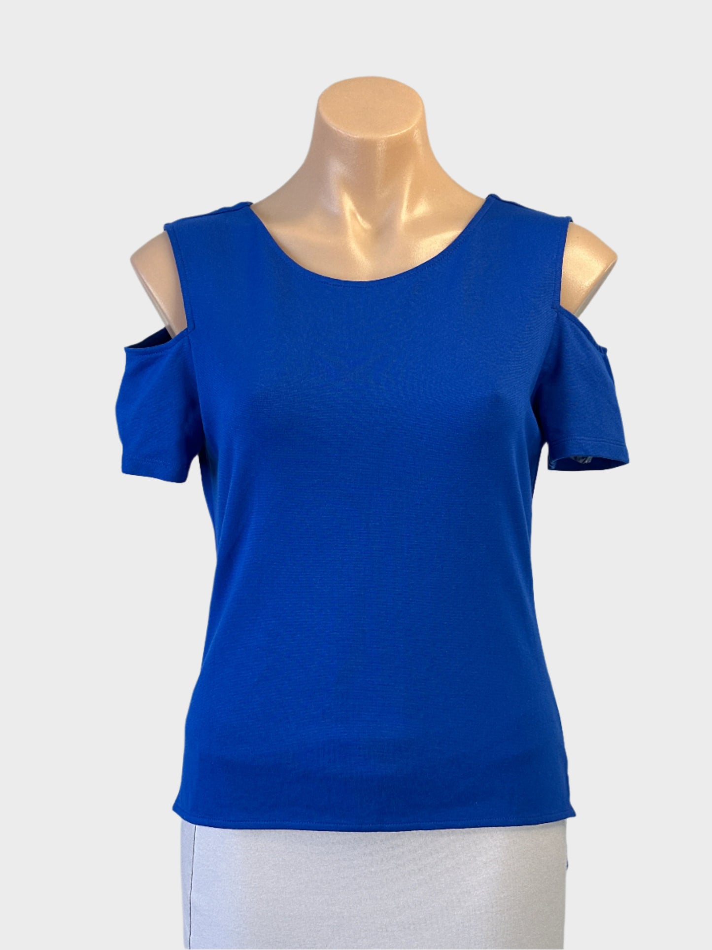 Karen Millen cold shoulder top in blue jersey for office or smart casual wear.