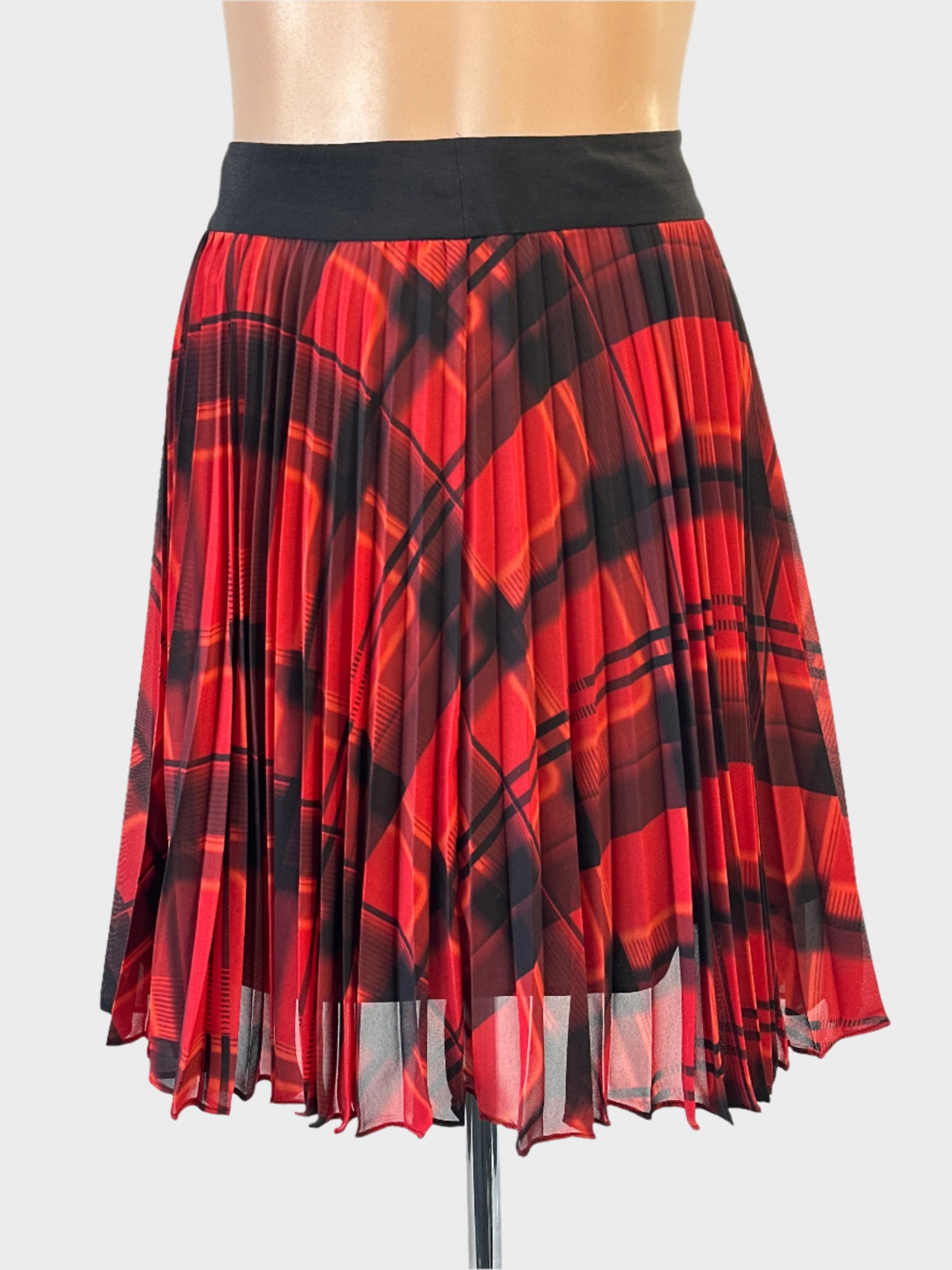 Designer Karen Millen skater skirt in red and black with tartan check and contrasting waistband for office or smart casual wear.