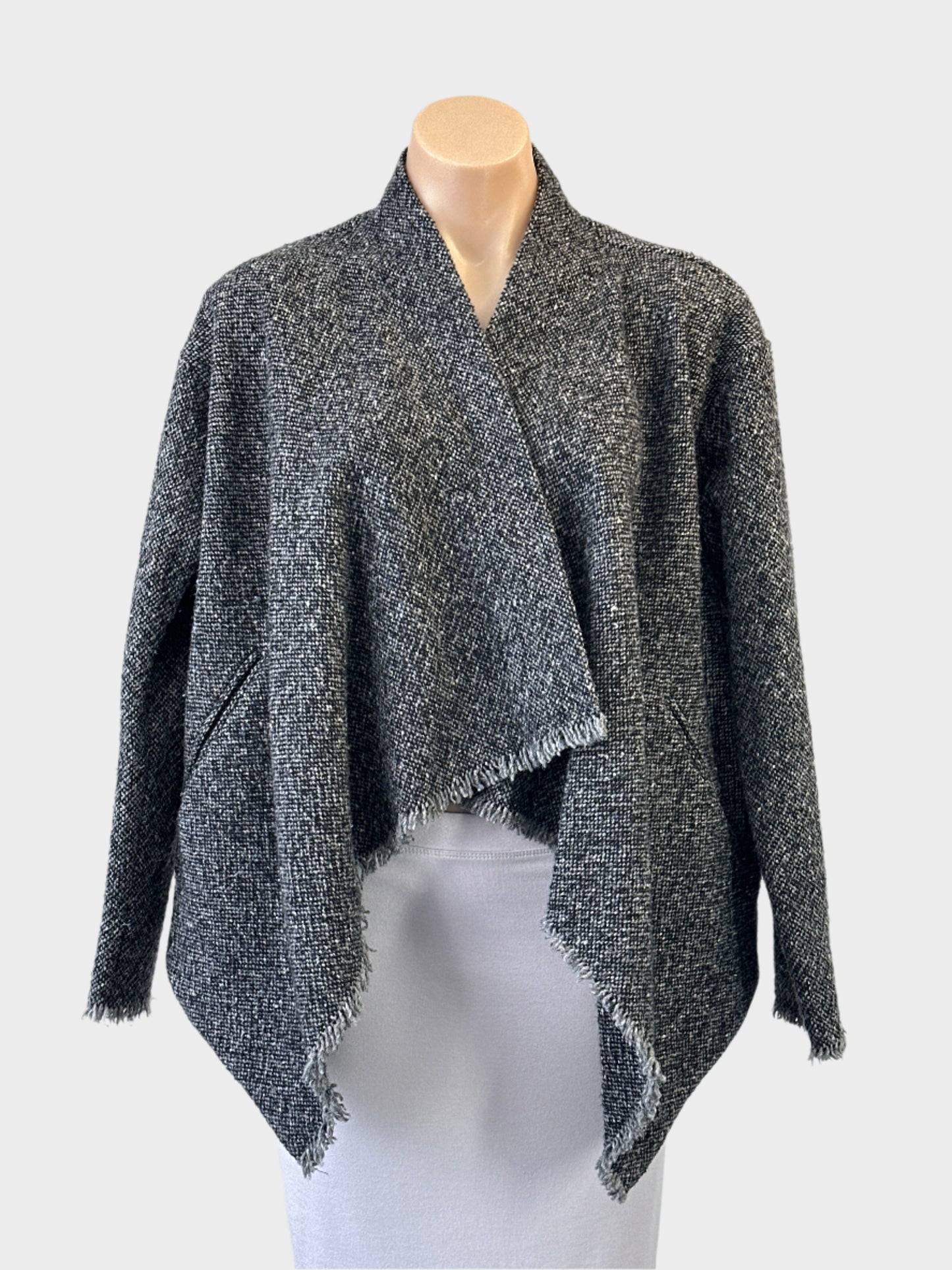 Designer Lee Mathews open front jacket in grey with fringe trim and jetted pockets for weekend or smart casual wear.