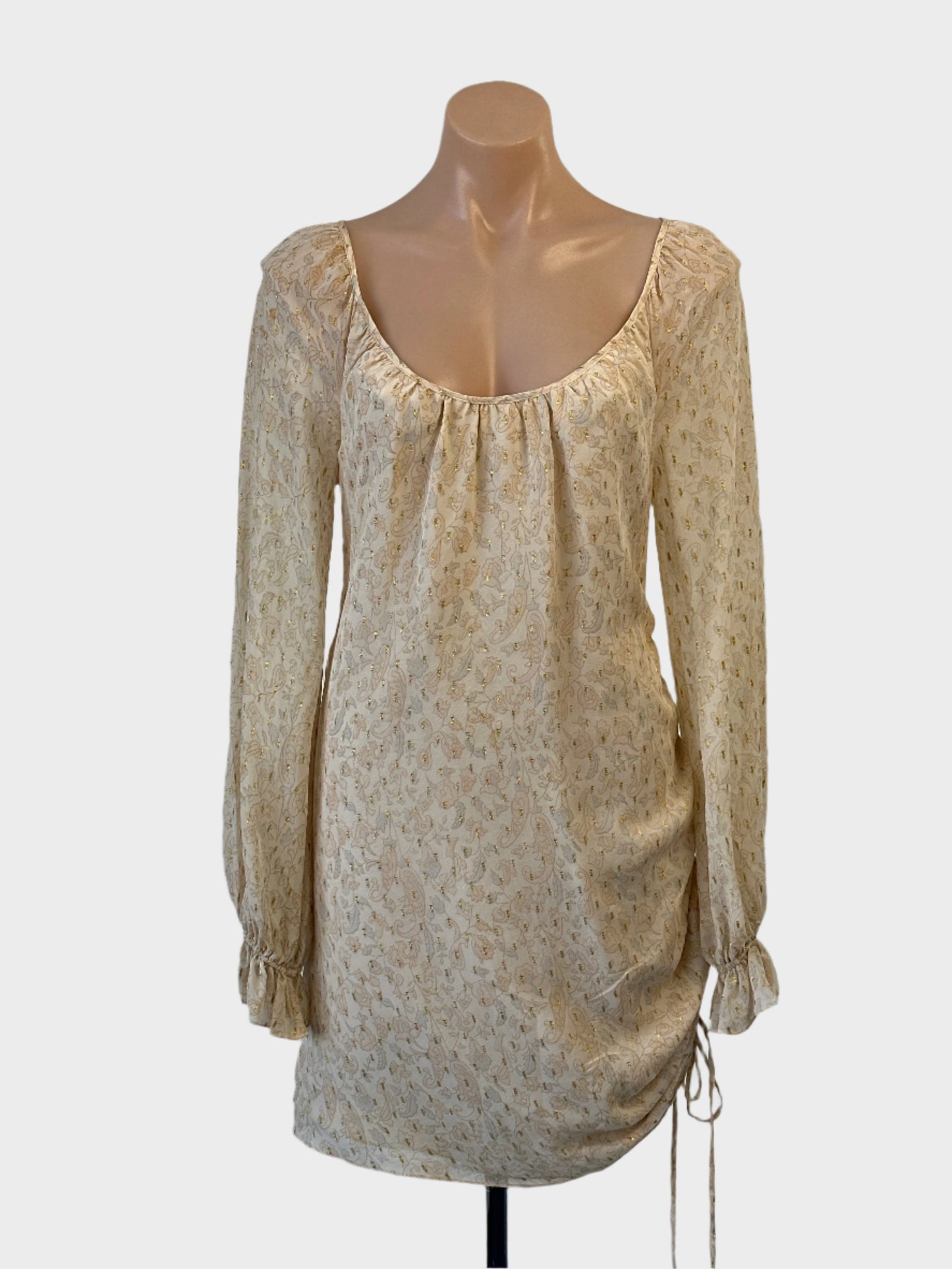 Designer Little Joe Woman asymmetric shift dress in beige and gold paisley print with metallic gold flocking for smart casual or evening wear.