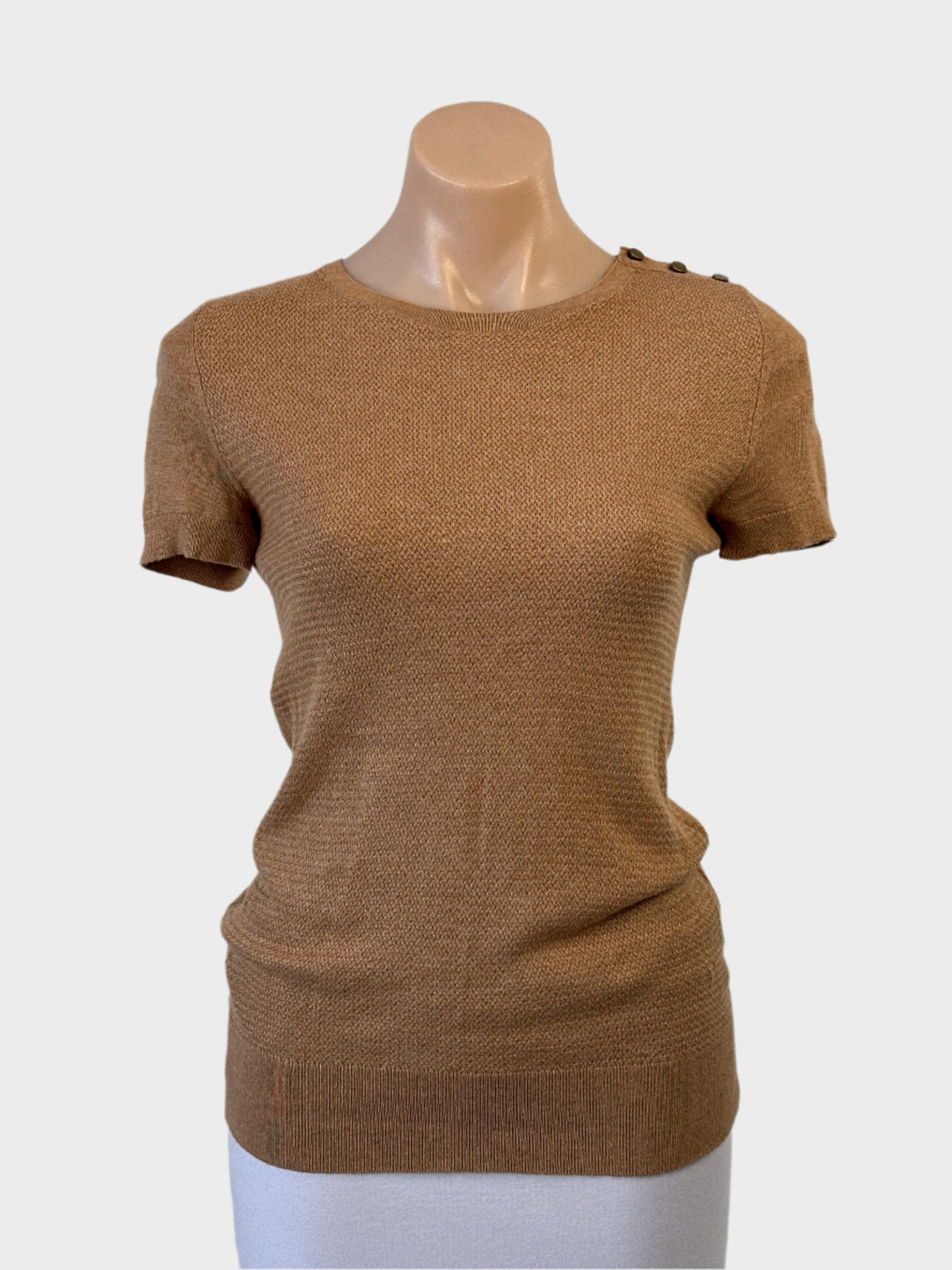Designer Loft top in brown with textured front panel and cap sleeves for office or smart casual wear.