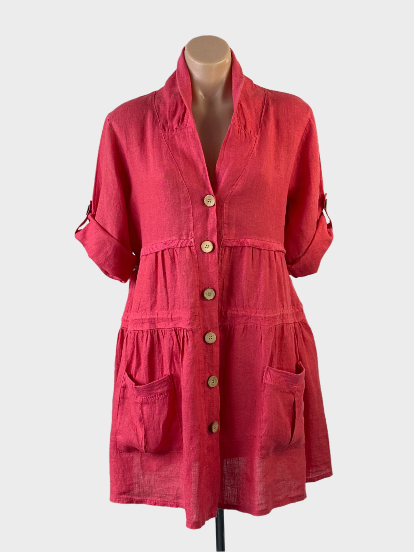 Designer Made in Italy shirt dress in pink linen with coconut shell buttons, band collar and gathered skirt for smart casual or resort wear.