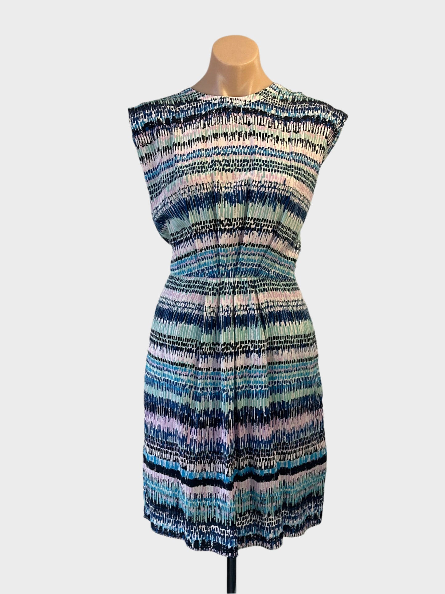 MARCS sleeveless A-line dress in blue and pink brushstroke stripe print for office or smart casual wear.