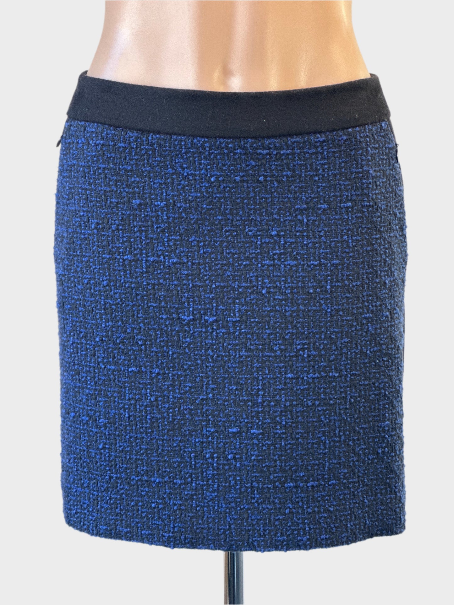 MARCS straight skirt in blue and black boucle with contour panels for office or smart casual wear.
