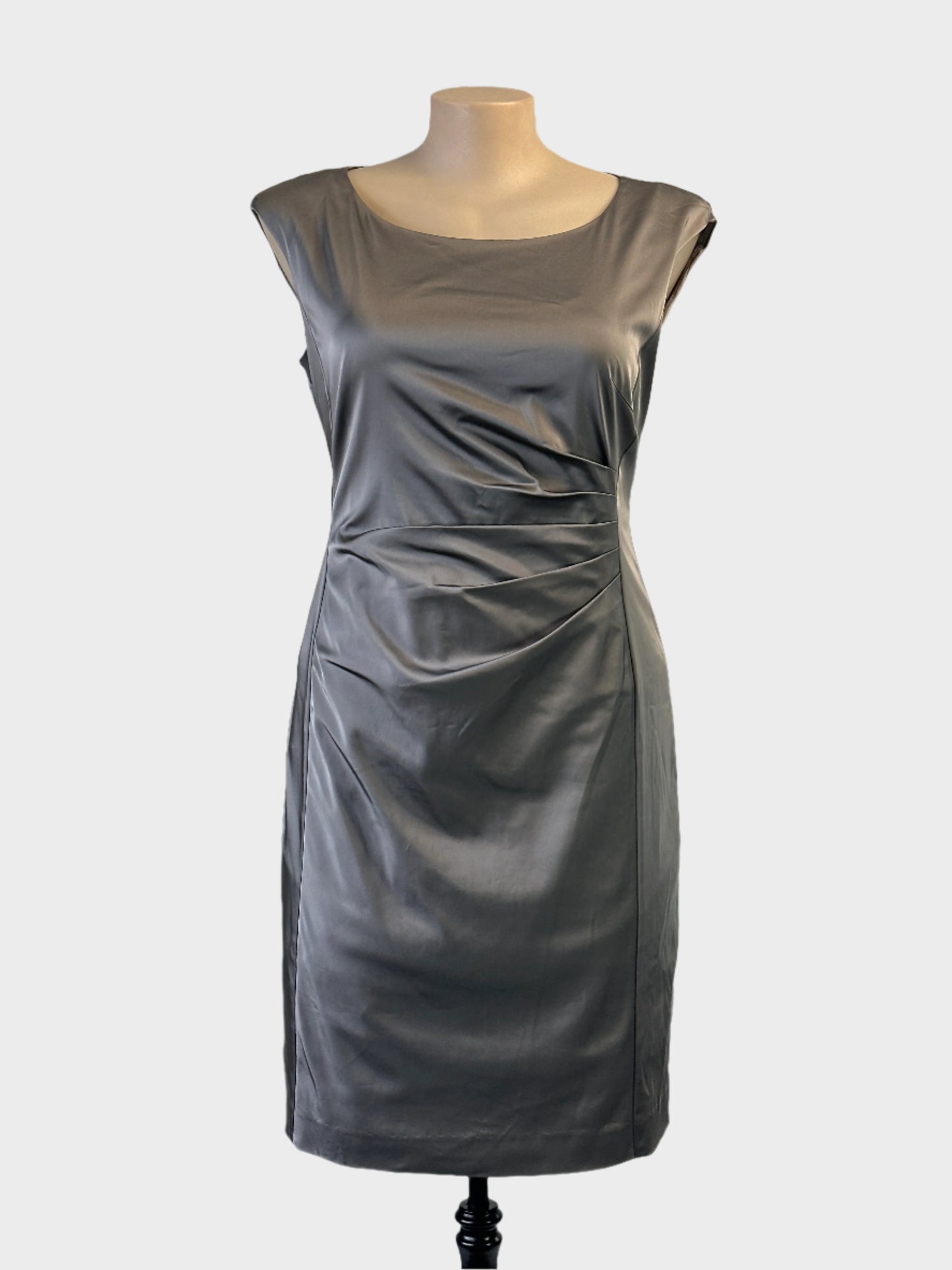 Mariposa shift dress in pewter satin with scoop neck and pleated draping for evening or formal wear.