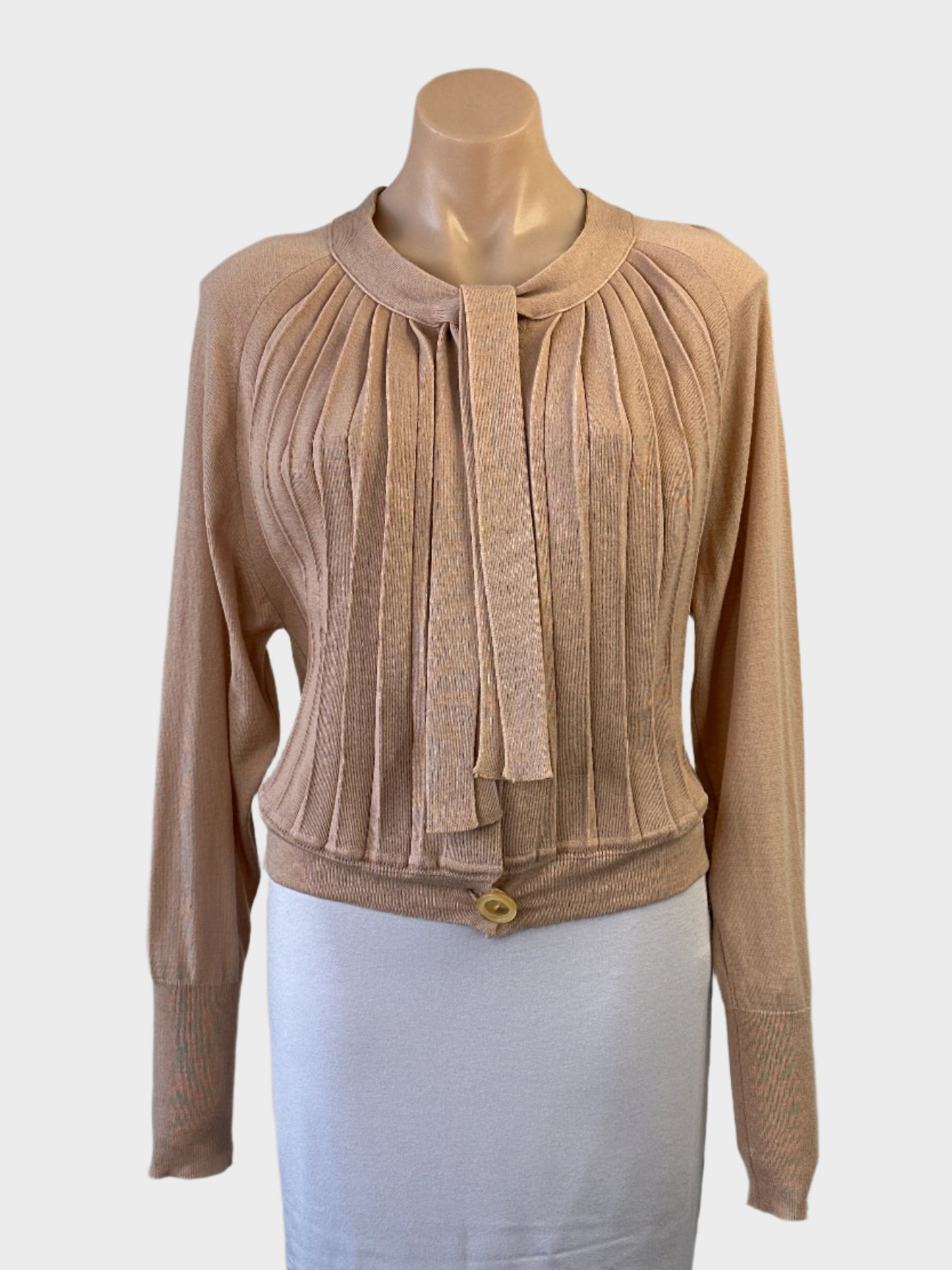 Designer Max Mara cardigan in blush with pleated panels, button front, neck tie and long sleeves for smart casual or office wear.