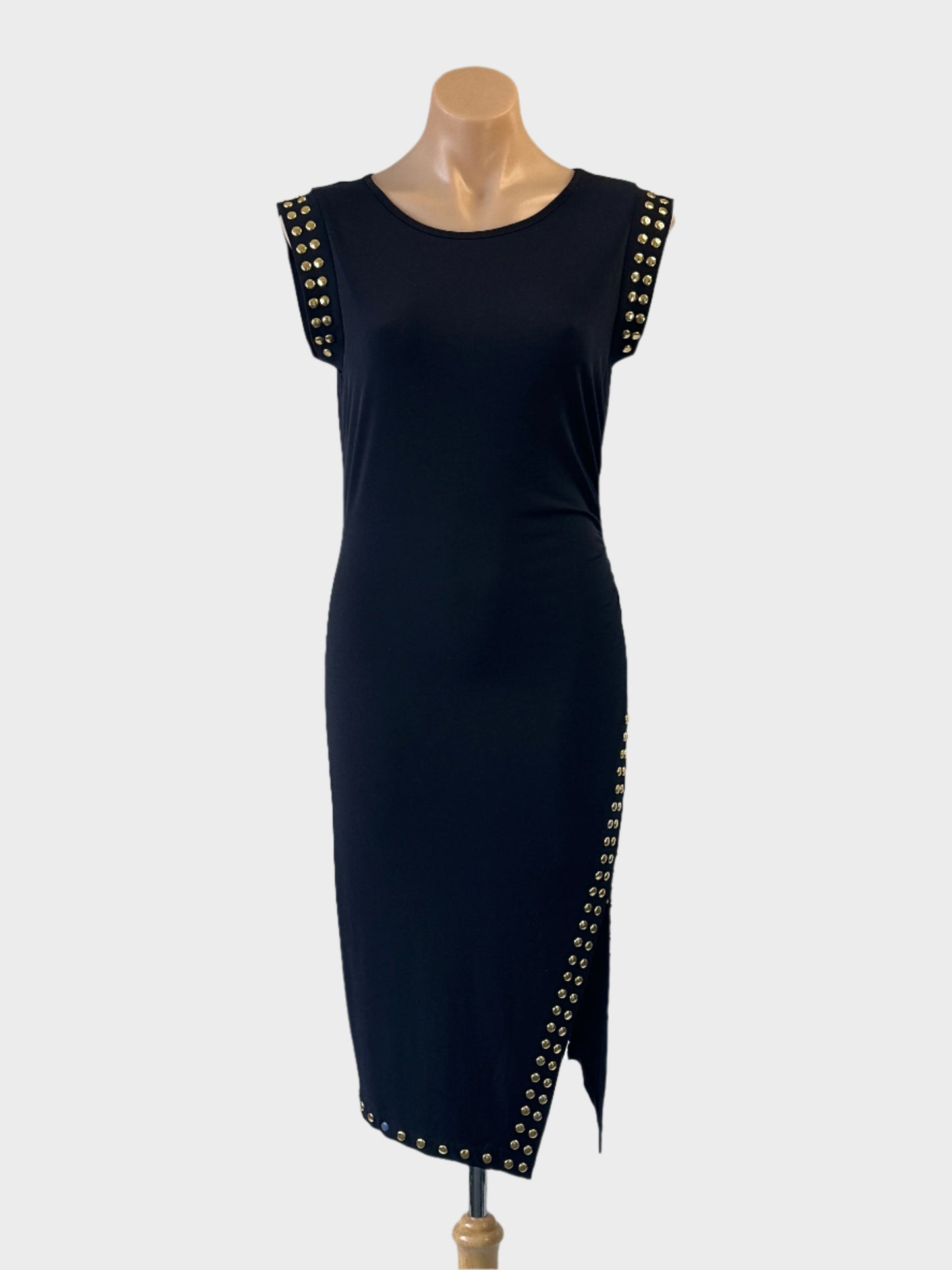 Designer Michael Kors tube dress in black with stud trim and side split for evening wear.