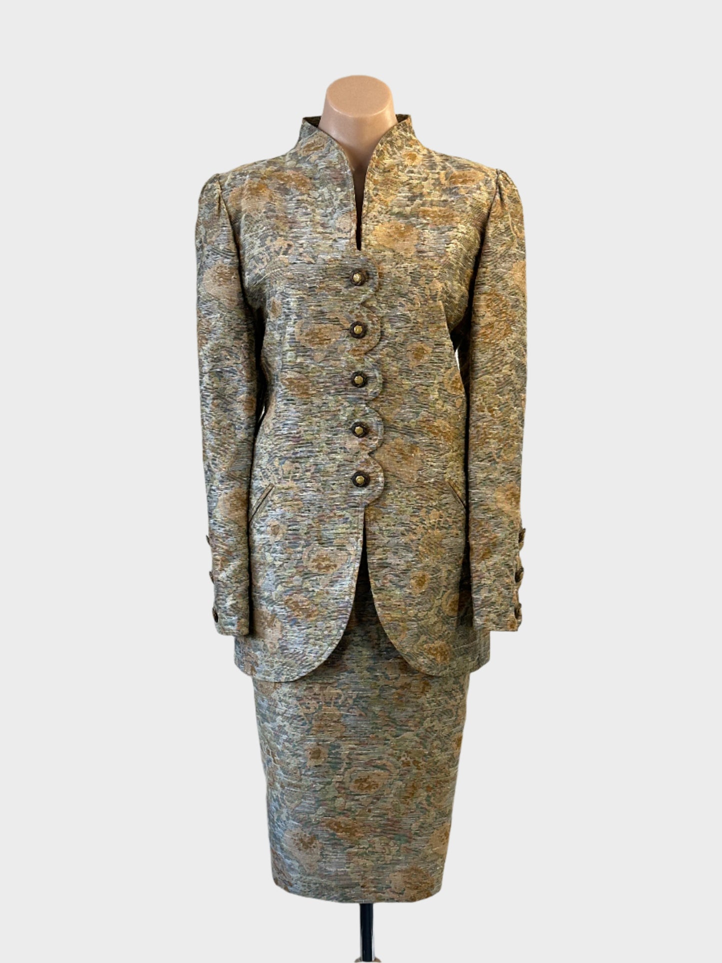 Designer Miss Deb skirt and jacket set in gold with scalloped closure and back vent for special events wear.