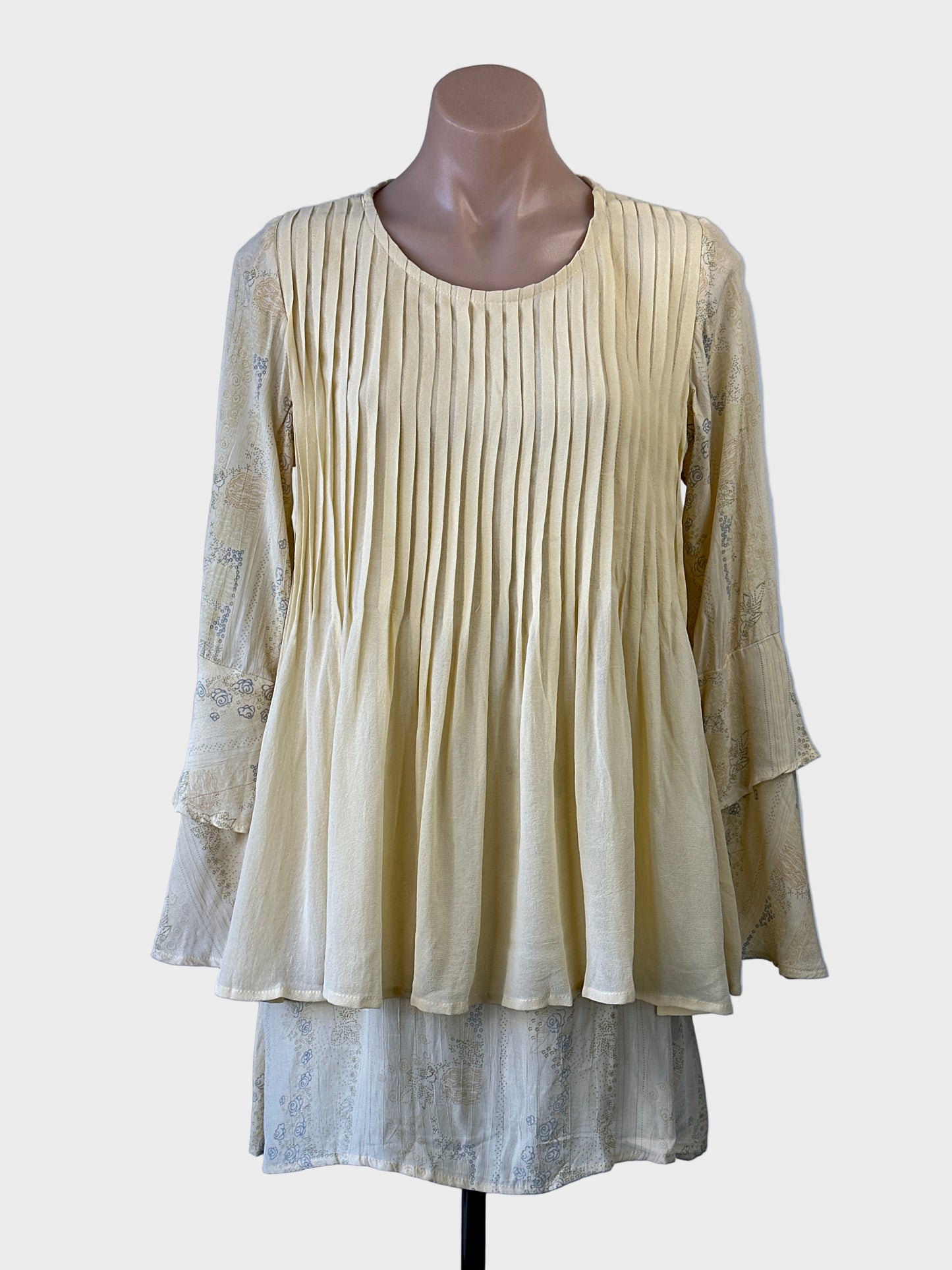 Designer My Pet Square long sleeve smock top with ghosted antique-style floral print and pleated overlay for smart casual or office wear.