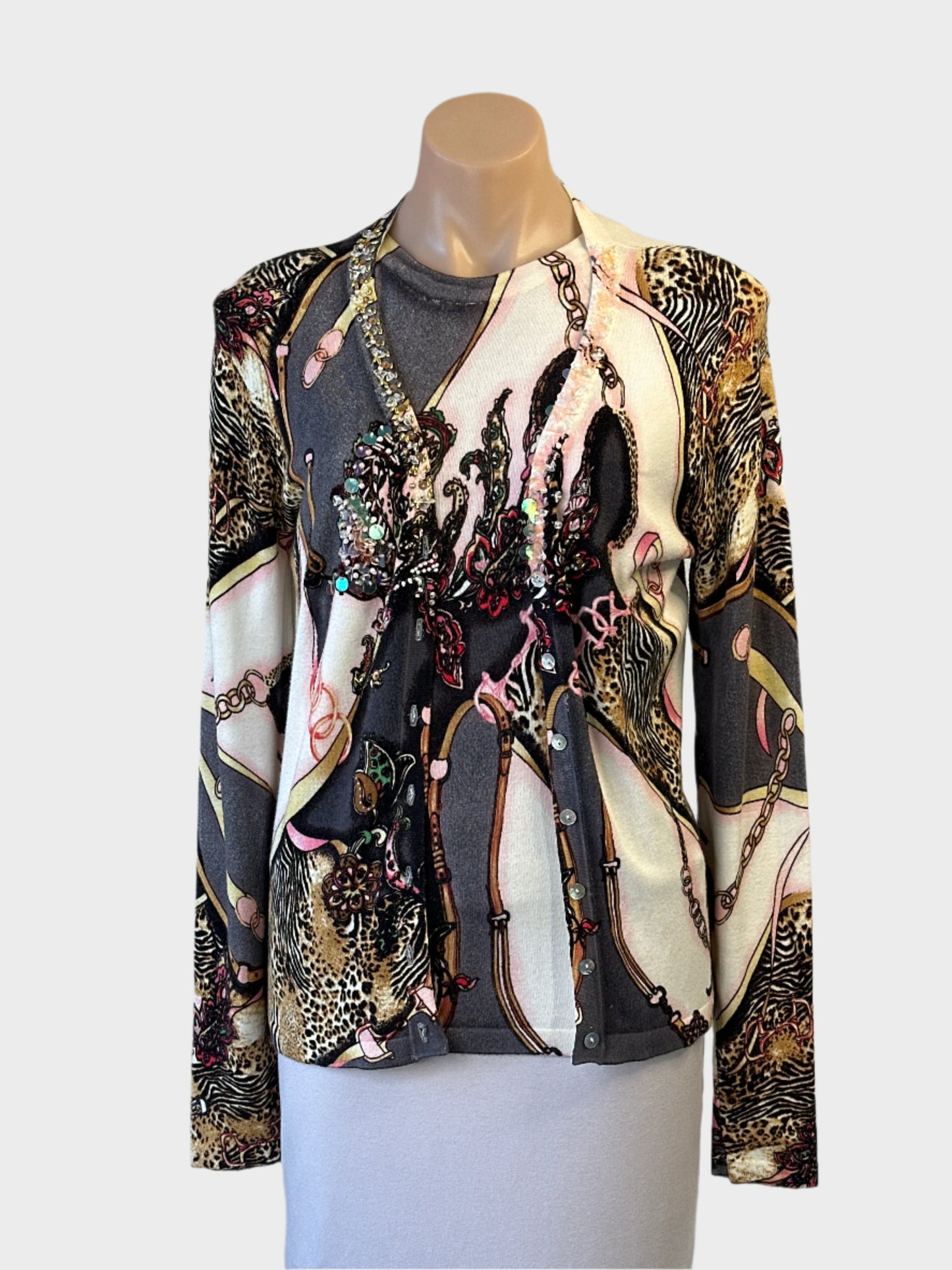 Nababila cardigan in cream and charcoal with long sleeves and beading and sequins trim for smart casual or office wear