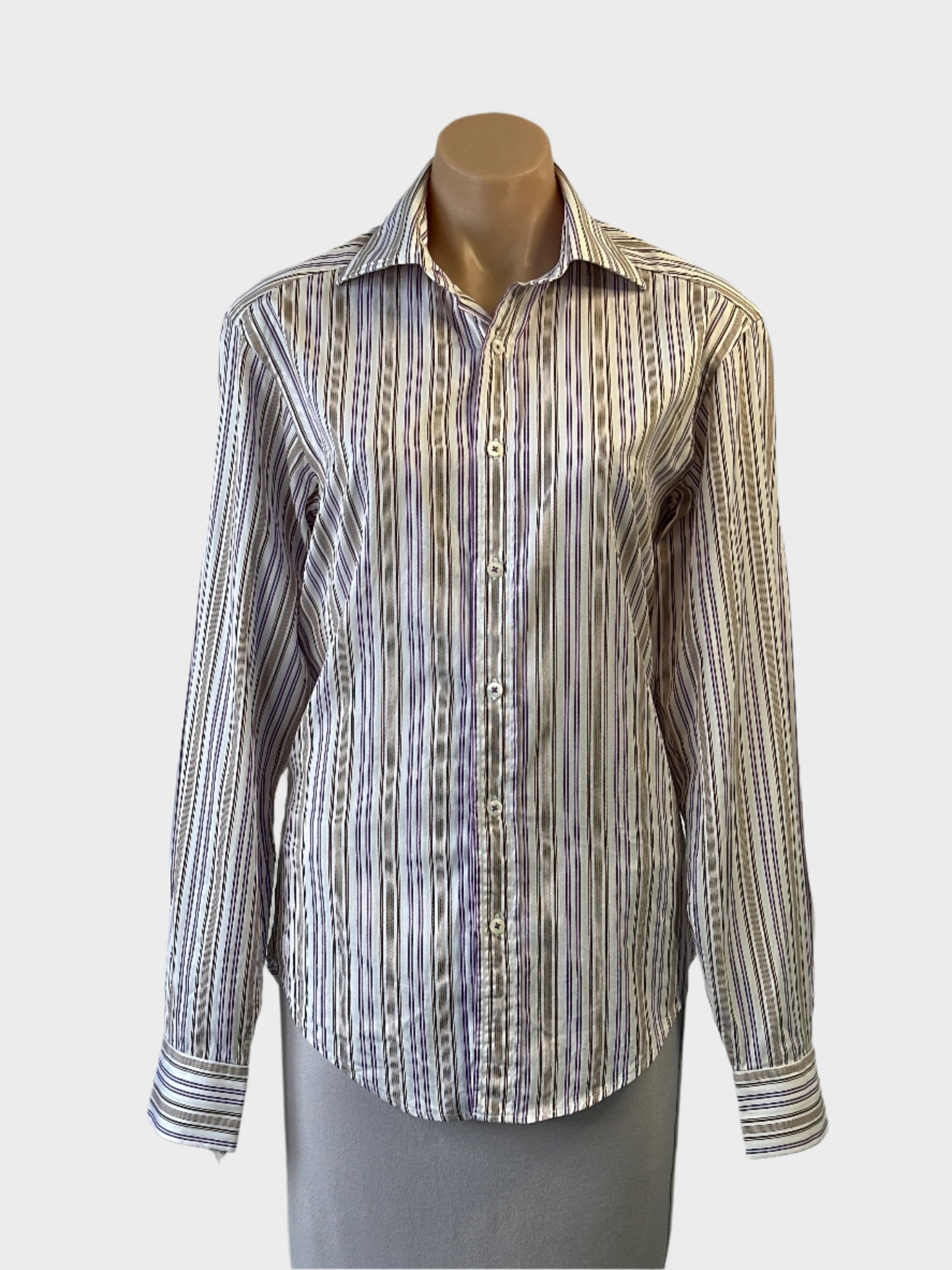 Oxford shirt in mauve and tan stripe, pure cotton with standard collar, button up front and long sleeves for office wear.