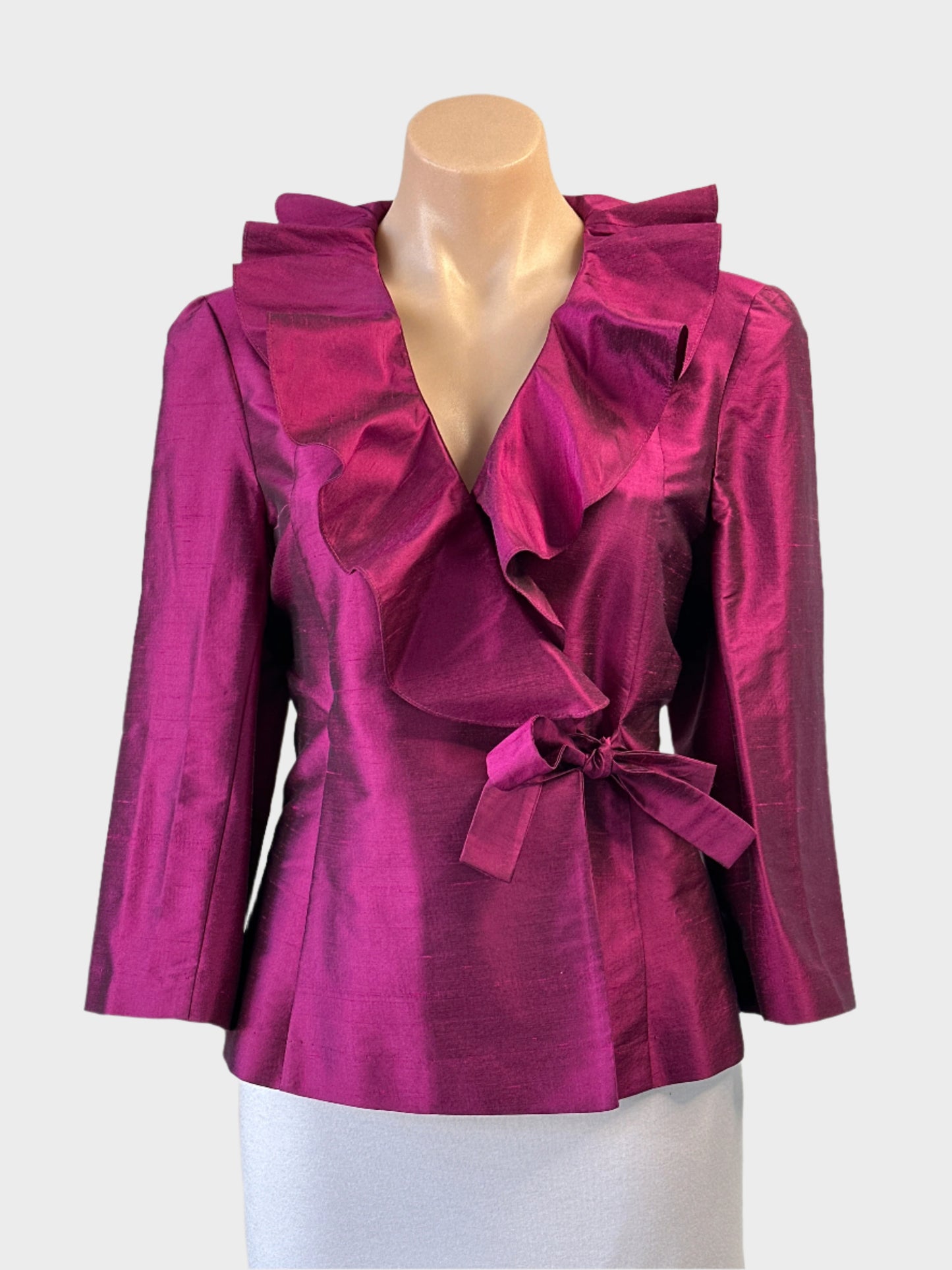 Designer Perri Cutten wrap top in pink dupioni silk with ruffle collar for formal or special events wear.