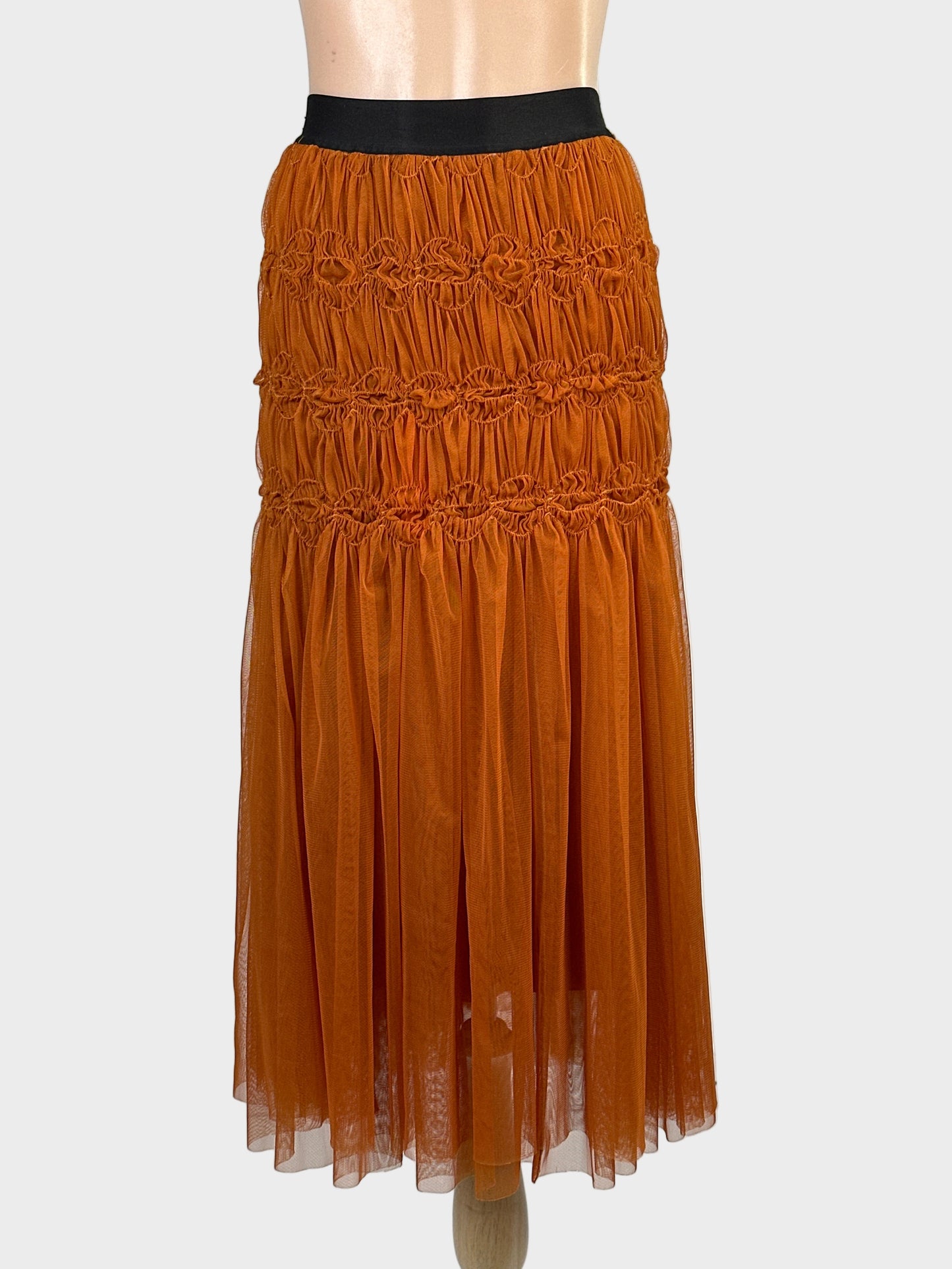 Designer Rachel Comey burnt orange gathered tulle midi skirt with ruched yoke, elastic waistband and train for special events or evening wear.