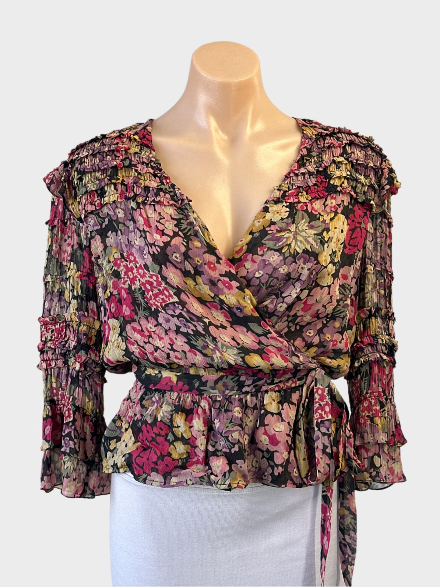 Ralph Lauren wrap top in multicoloured dark floral print for office or smart casual wear.