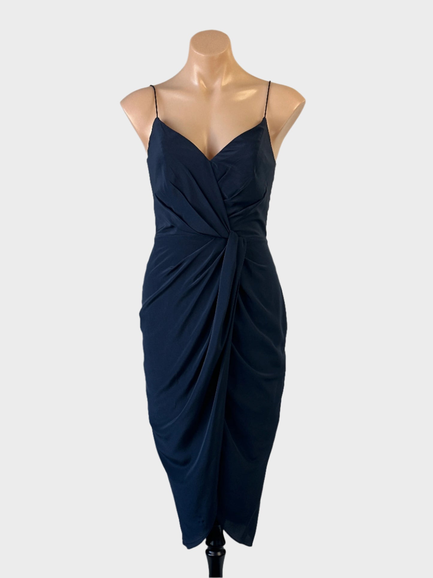 Rodeo Show navy silk sheath dress with pleated bodice, surplice neck and draped tulip skirt for evening or formal wear.