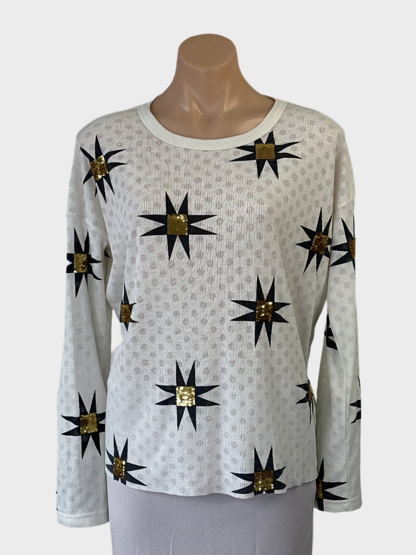 Designer Sass & Bide white ribbed knit top with black and gold sequin star motif, round neck and long sleeves for smart casual or evening wear.