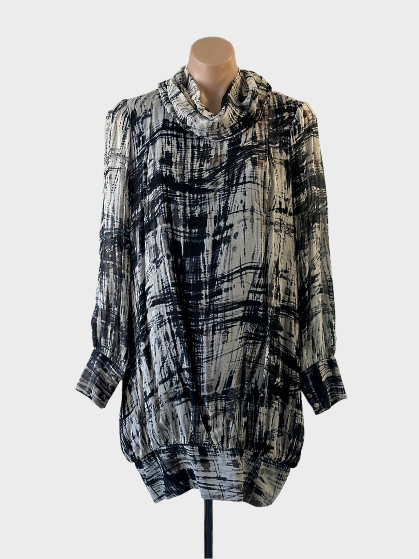 Designer Satch bubble dress in beige and black scratch print with cowl collar for office or special events wear.