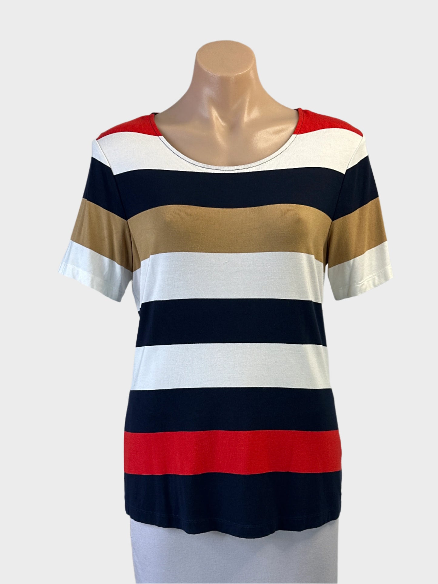 Sportscraft t-shirt top in multicoloured cabana stripes with scoop neck for smart casual or sporty luxe wear.