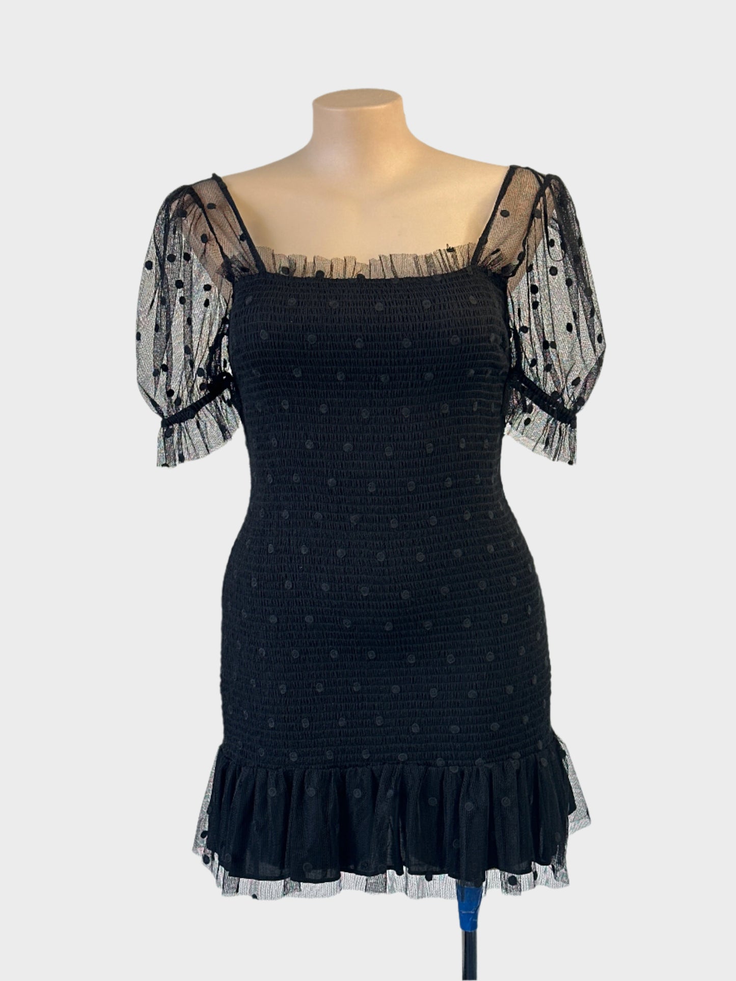 Stevie May bodycon dress in black shirred mesh with appliqué polka dots for evening or formal wear.