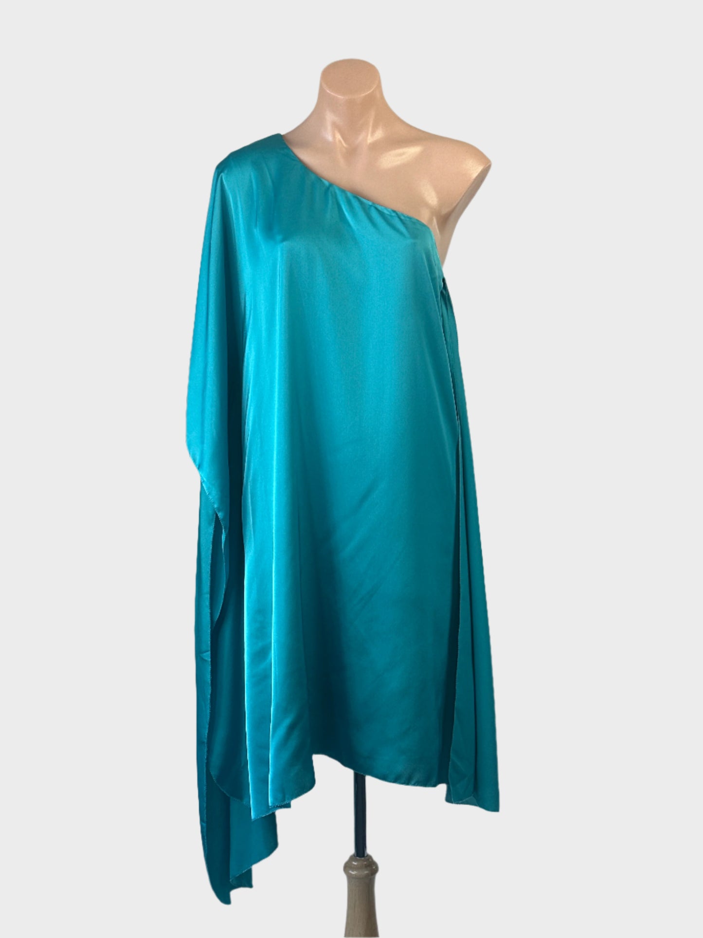 Table Eight one shoulder satin dress with draped sleeve and asymmetric handkerchief hem for evening or formal wear.