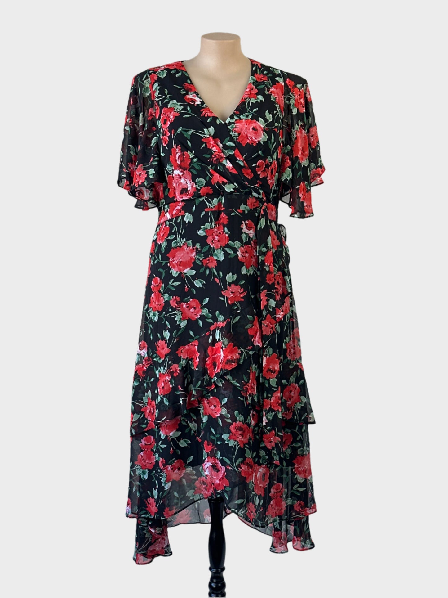 Taking Shape floral maxi dress with surplice neck, flutter sleeves and handkerchief hem for evening or special events