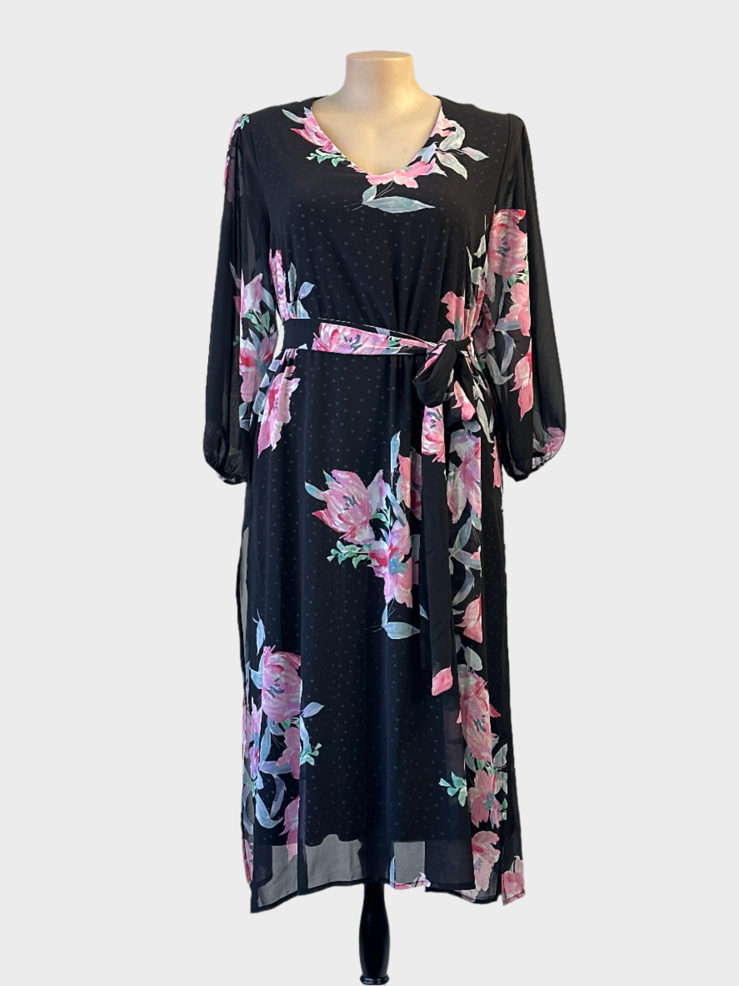 Taking Shape shift dress in black and pink floral sheer with waist sash for special events or evening wear.