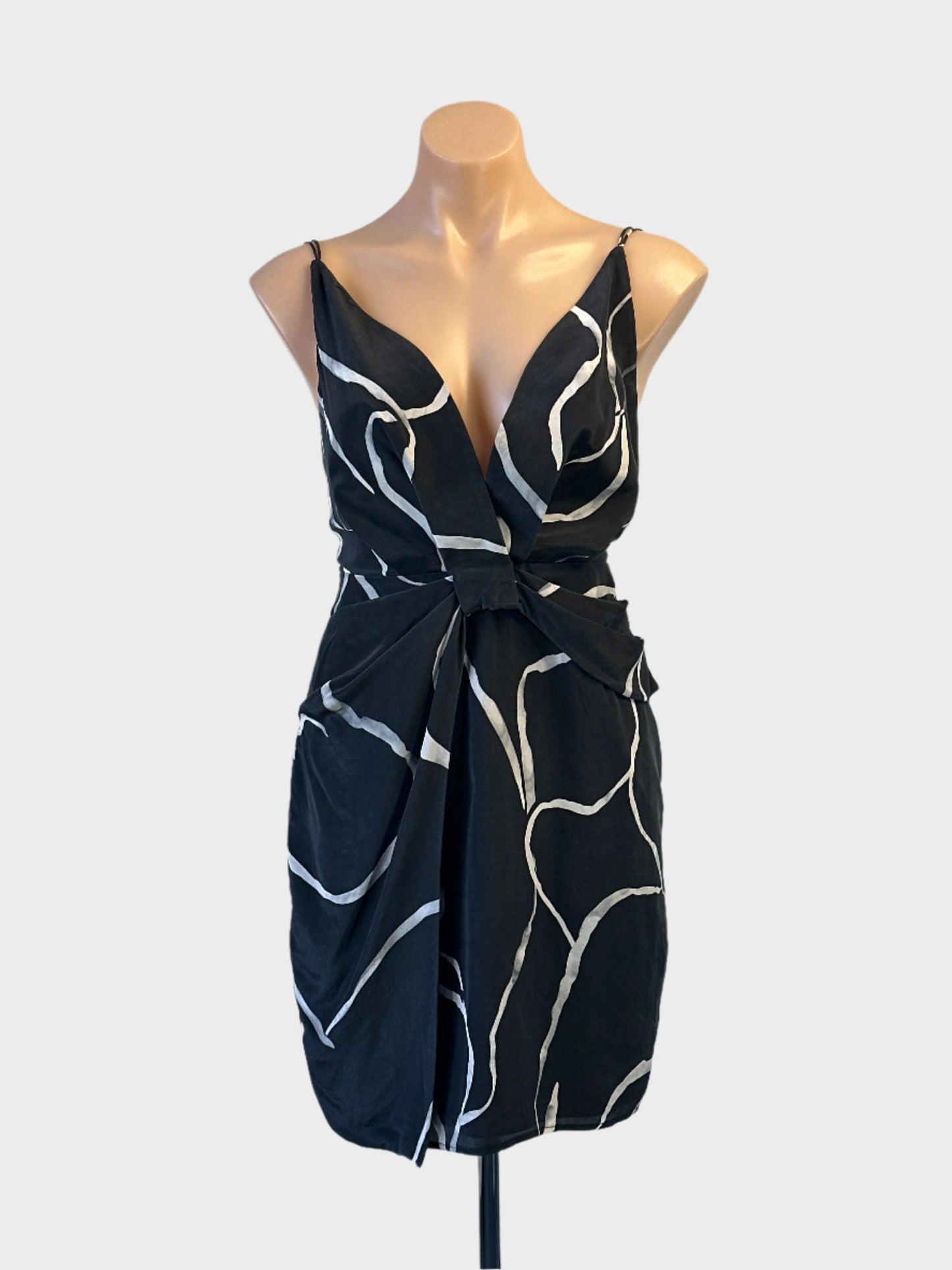 Talulah sleeveless sheath dress in black and grey marbled style print for evening wear.
