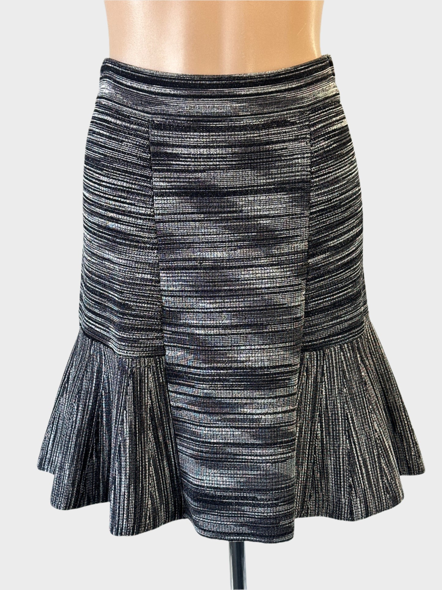 Designer Thurley A-line skirt in grey variegated knit with flounce panels for office or smart casual wear.