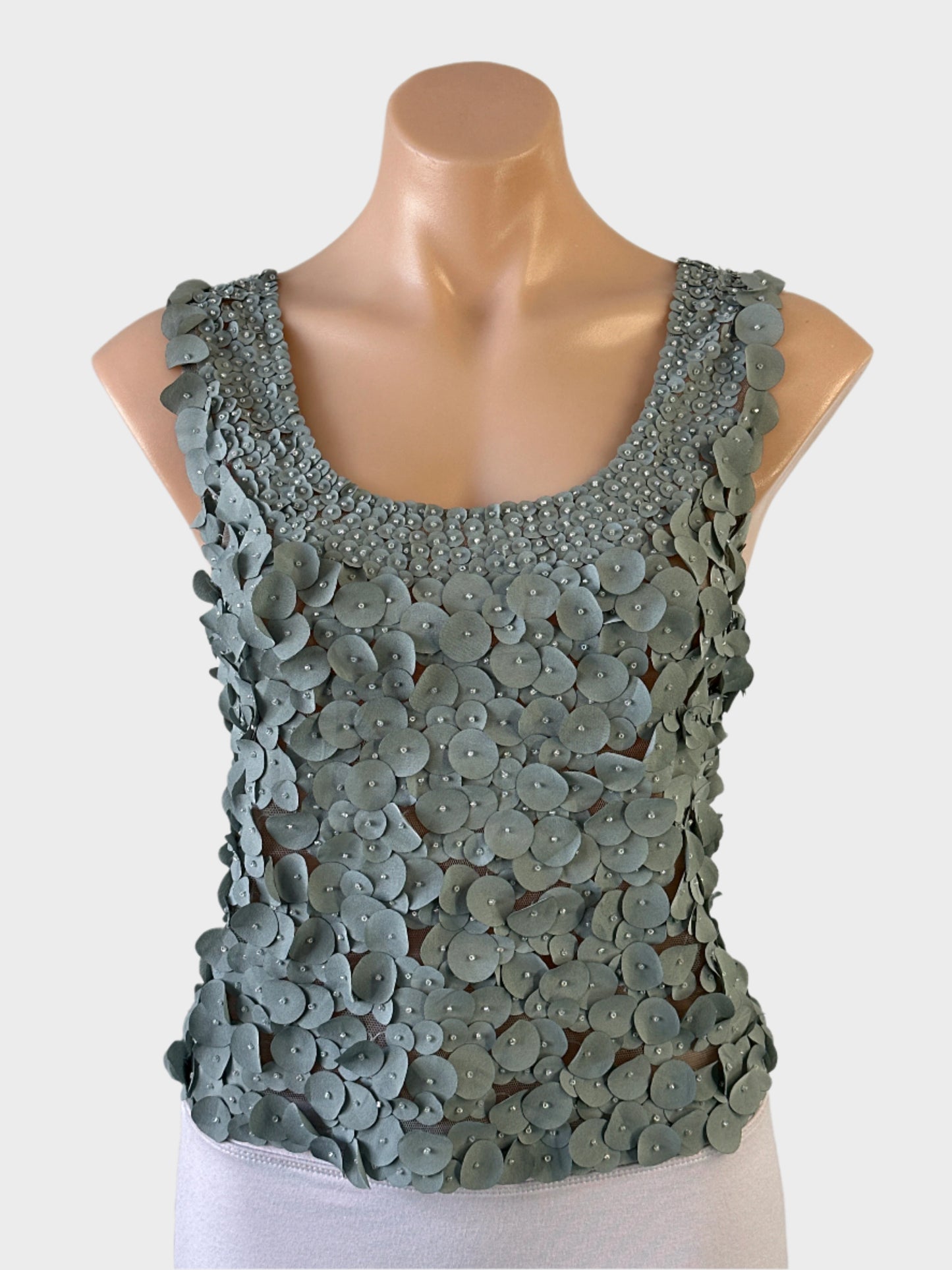 Topshop sleeveless tank top in grey with appliqué petals and beading, u-shaped neck and u-shaped back in sheer mesh for evening or events.