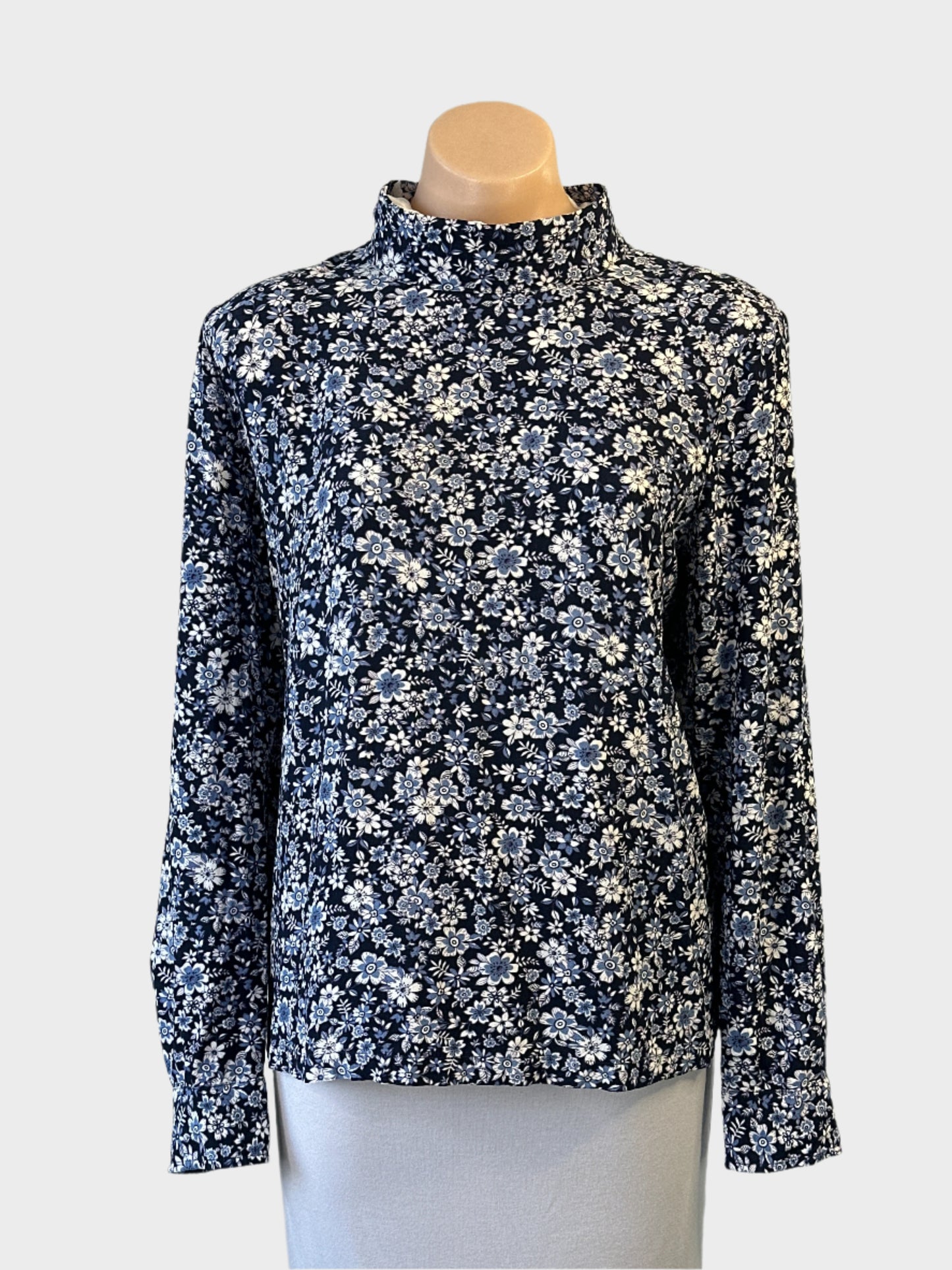 Trenery blue and white Liberty floral print top with band collar and notched hem for smart casual wear.