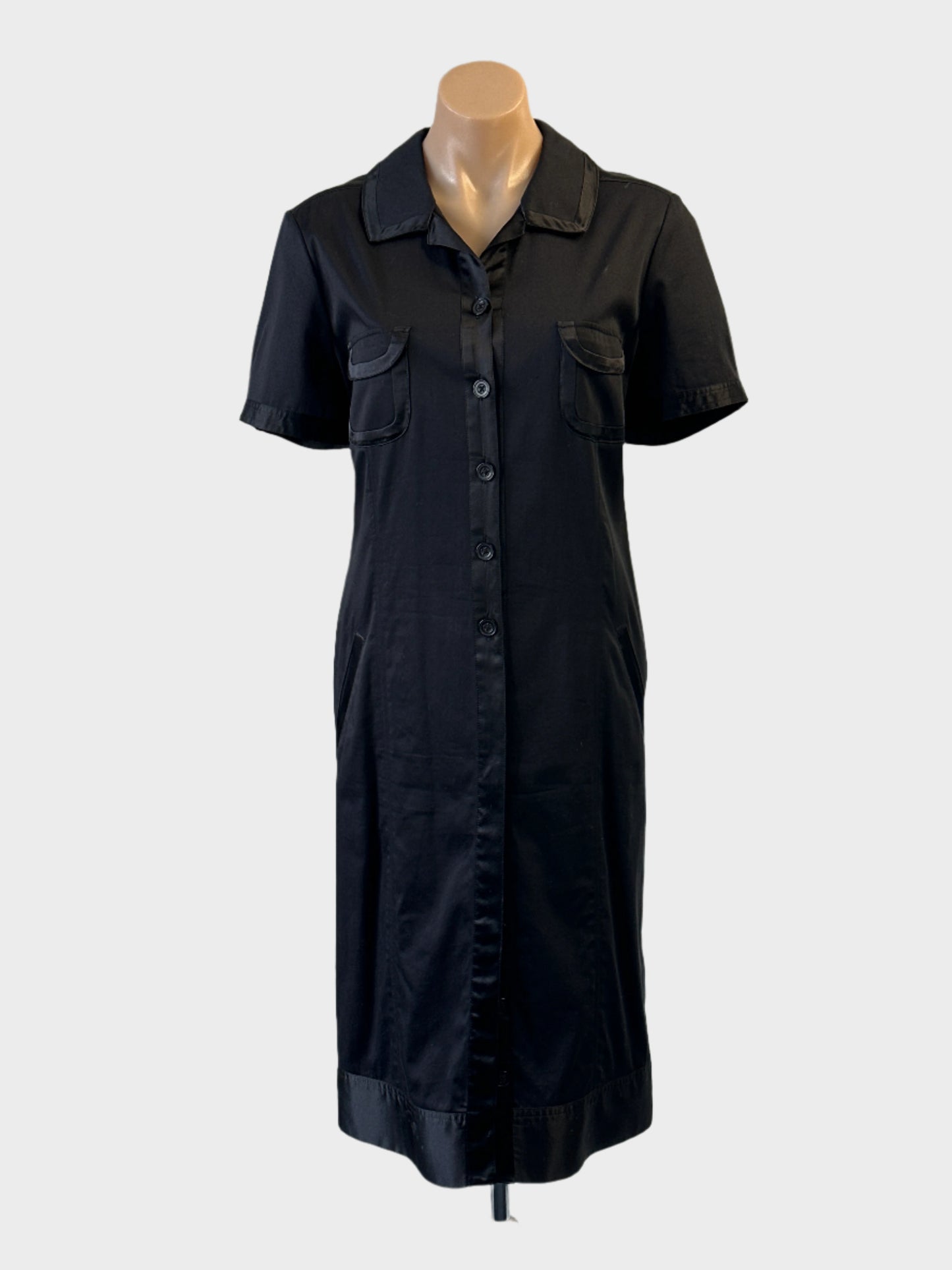 Designer Trent Nathan shirt dress in black with satin trim and slash pockets for office or smart casual wear.