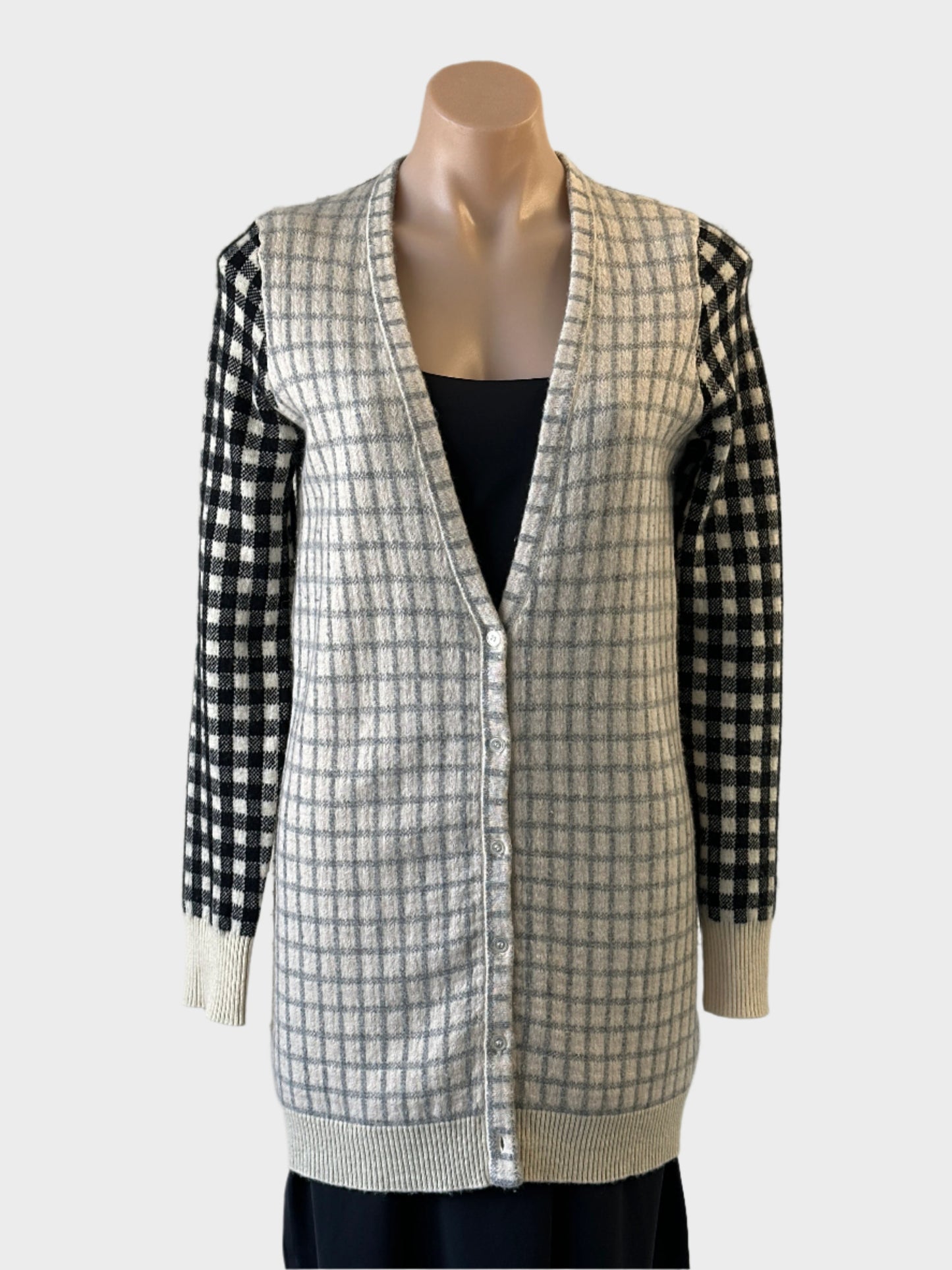 Designer VAILLE long line cardigan in black and white cashmere with check pattern for office or smart casual wear.
