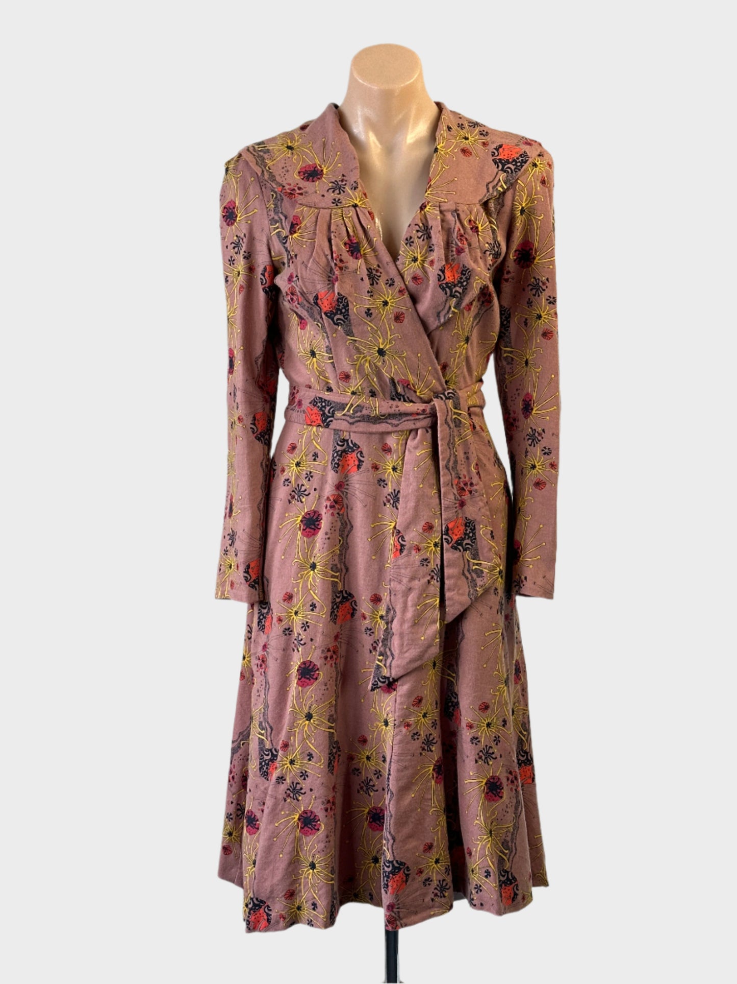 Vintage designer Merivale pink wool cotton dress with whimsical print and tie back waist for smart casual or office wear.