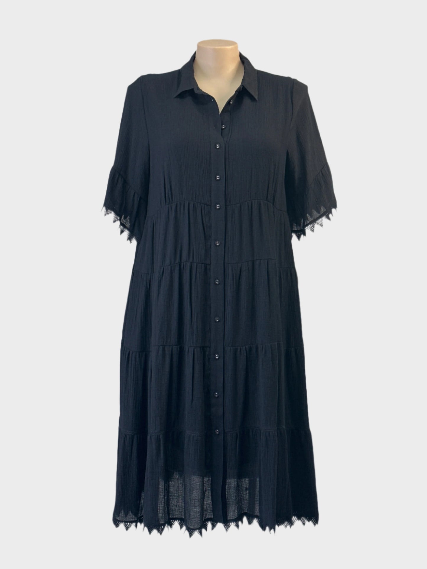 Virtuelle black cheese cloth shirt dress with guipure lace trim and tiered skirt for office or smart casual wear.