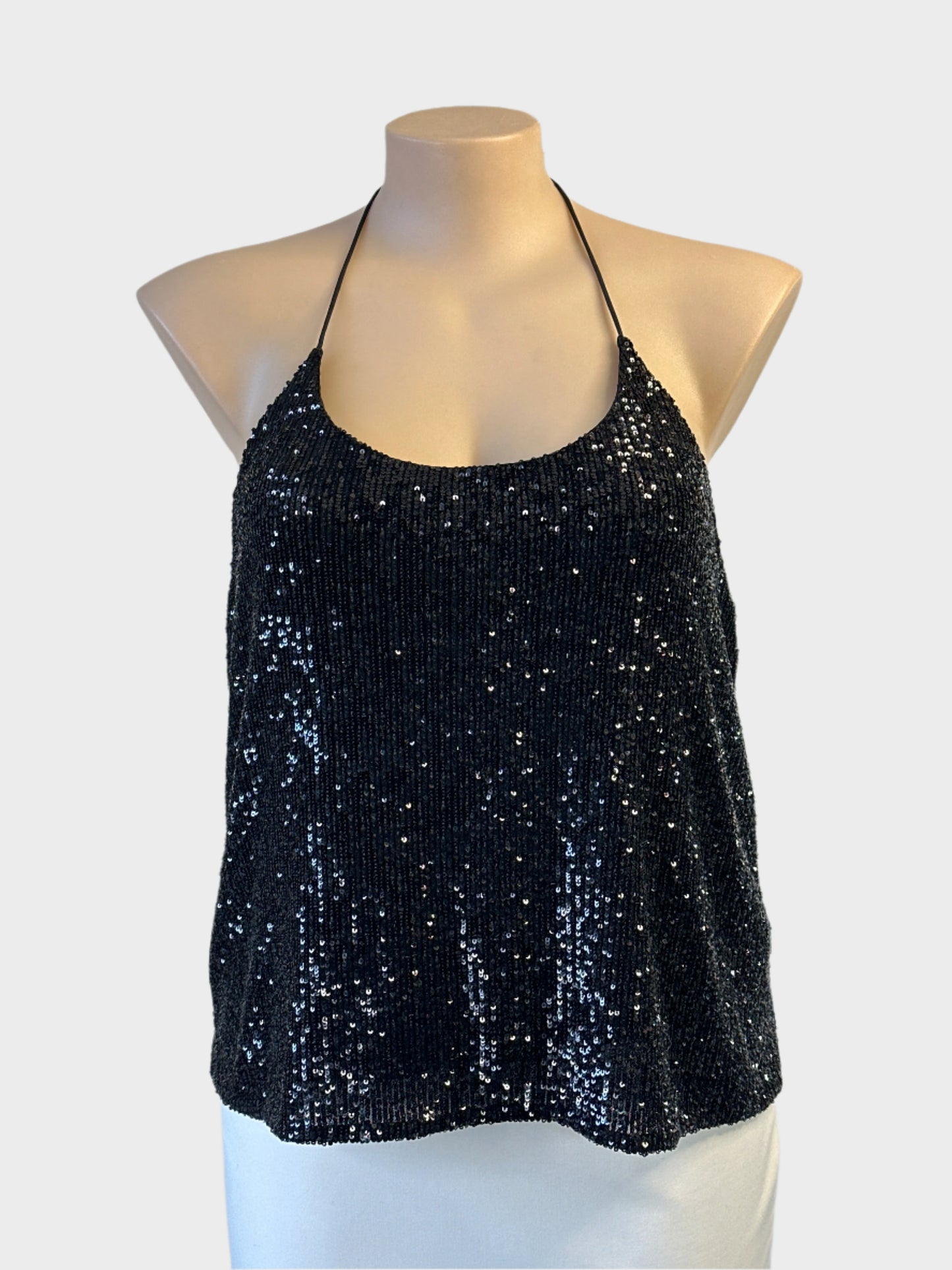 Witchery black sequin halter neck top with spaghetti straps for formal or evening wear.