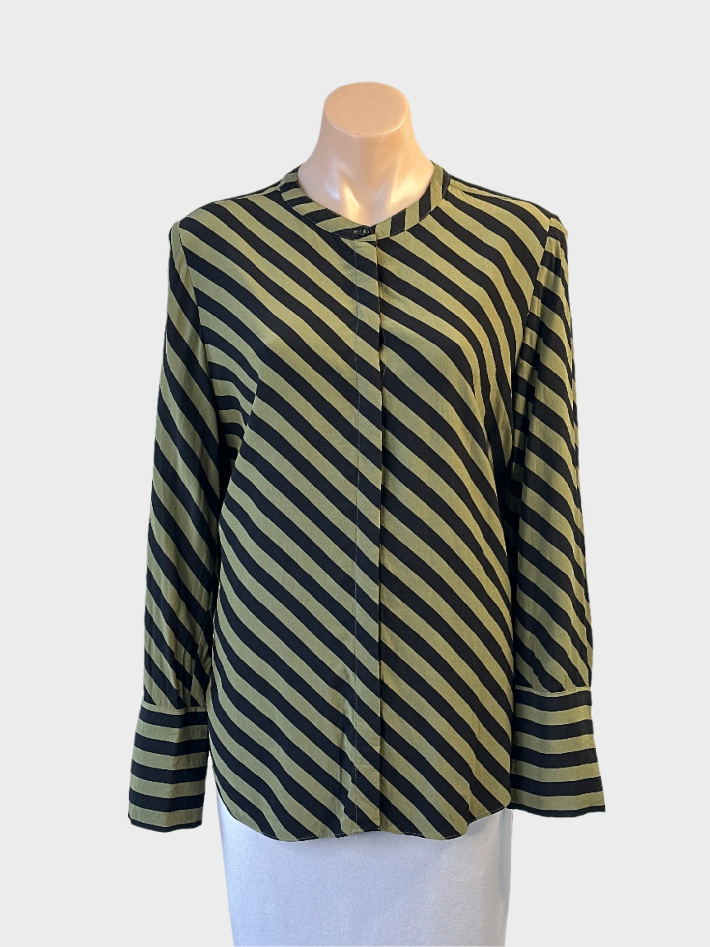 Witchery crepe shirt in green and black stripe print with concealed placket for office or smart casual wear.