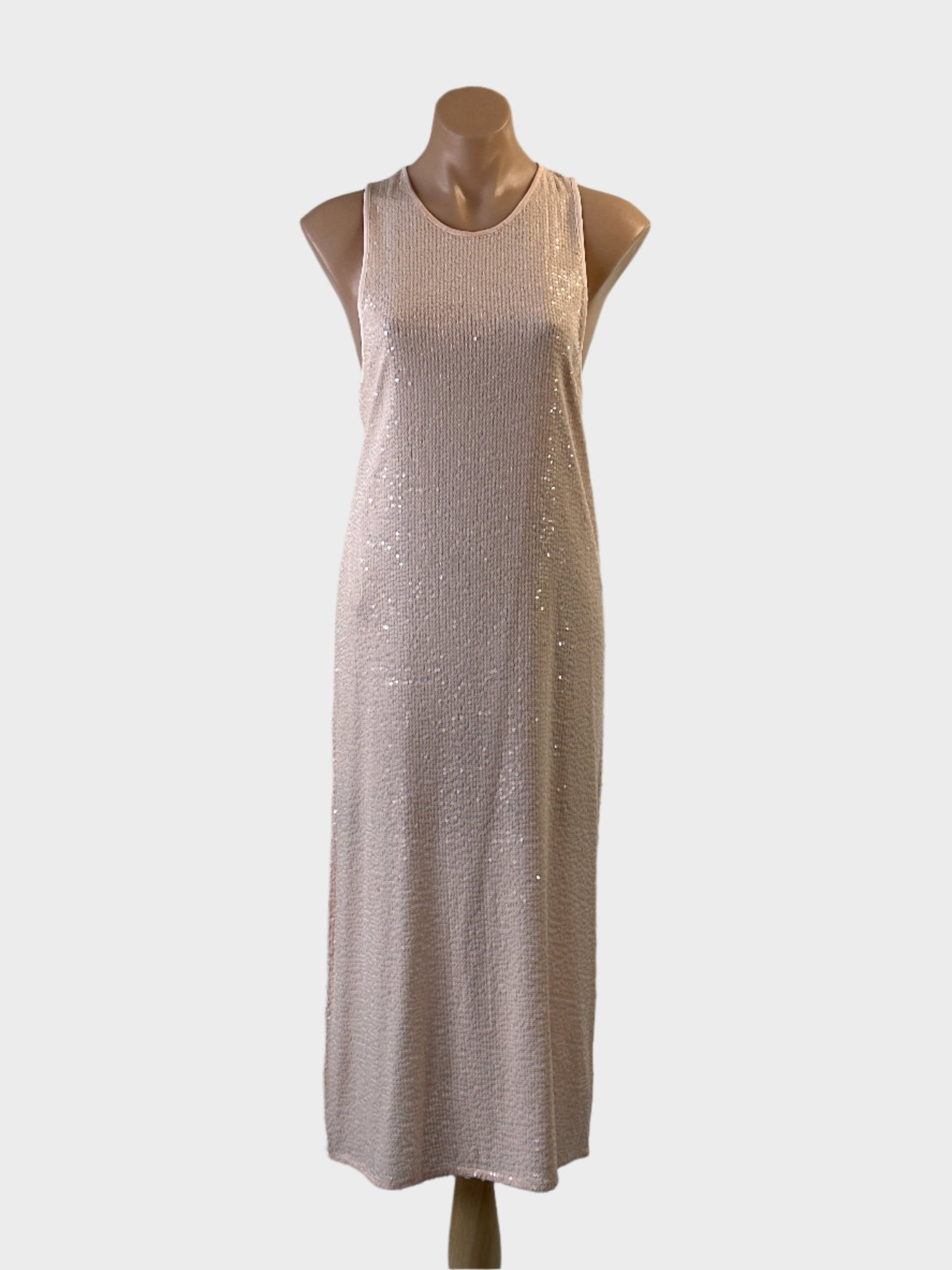 ZARA column gown in pink sequins with keyhole back and straight skirt for special events or formal wear.