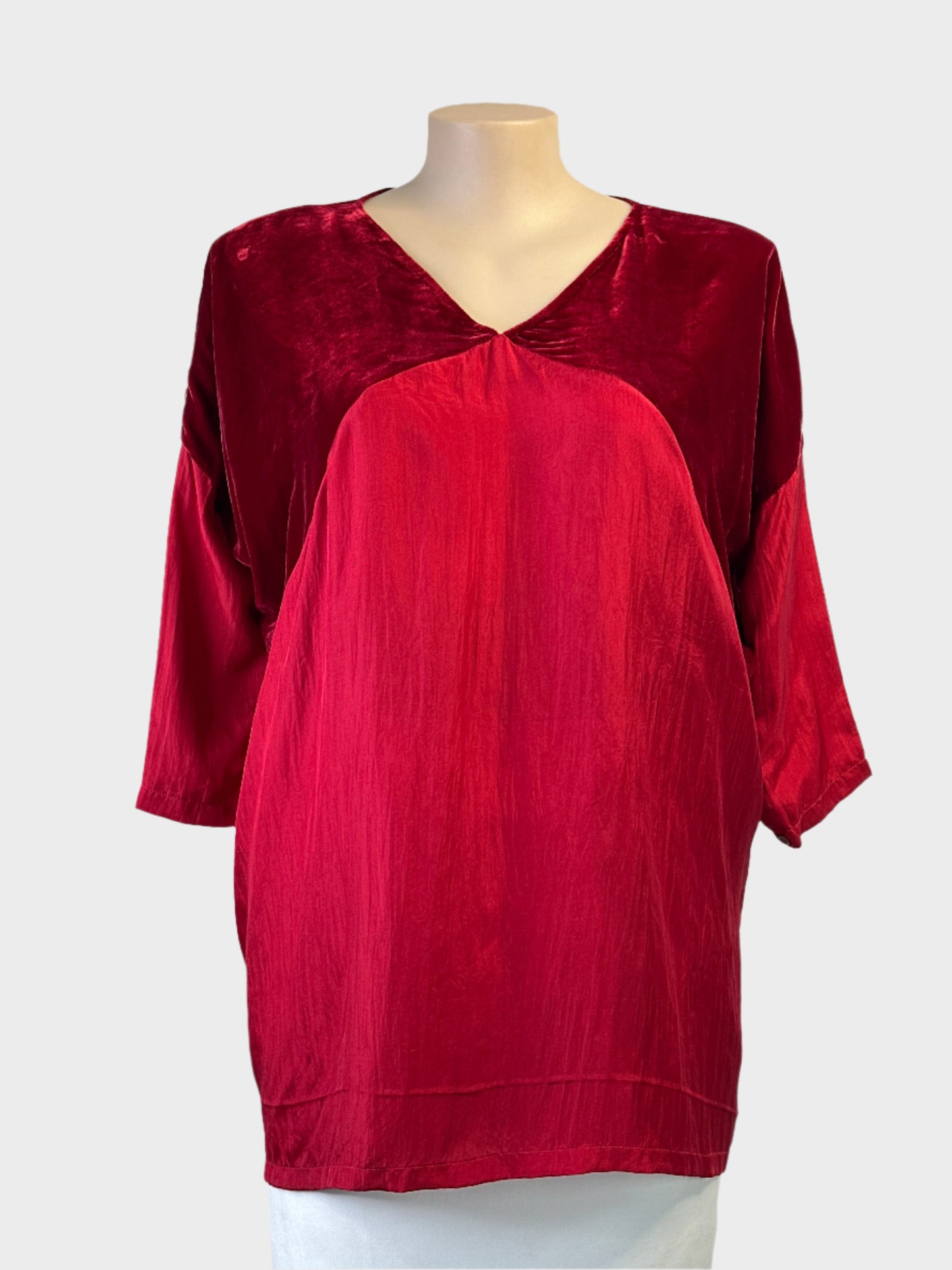 Designer Zephyr red silk tunic top with velvet yoke and v-neck for evening or special events.