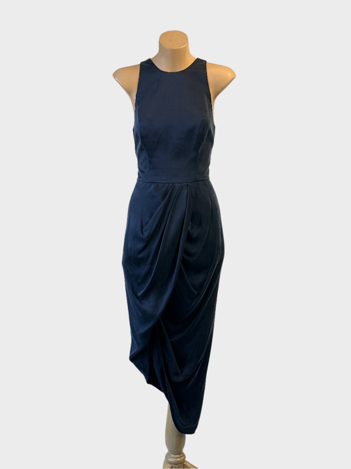 Designer Zimmermann sleeveless sheath dress in navy with round neck and tulip skirt for evening or formal wear.