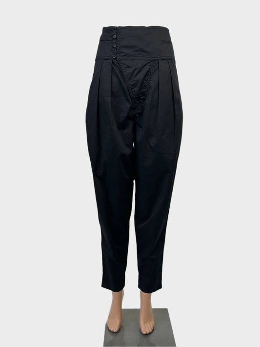 Country Road Retro 80's pleated tapered leg pants in black cotton with asymmetric yoke waistband, slash front and patch back pockets for smart casual.