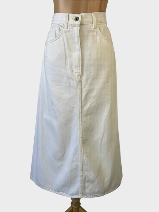 Cos A-line denim skirt in pure white cotton with five pocket styling, and back slit for office or smart casual wear.