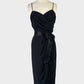 Mr K vintage 90's sleeveless black gown with ruched bodice, sweetheart neck, spaghetti straps, satin waist sash, and tulip skirt for formal wear.