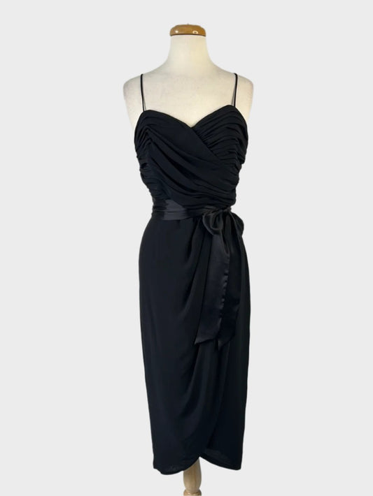 Mr K vintage 90's sleeveless black gown with ruched bodice, sweetheart neck, spaghetti straps, satin waist sash, and tulip skirt for formal wear.