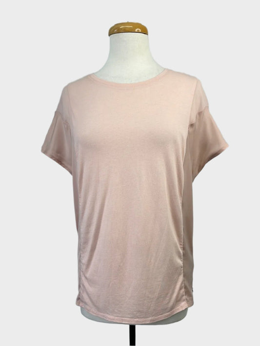 Designer Scotch & Soda sleeveless blush pink jersey top with satin side panels, crepe-insert drop shoulders, and bateau neck for office or smart casual wear.