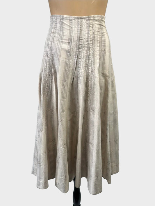 Designer Satch A-line skirt in cream cotton jacquard with pinstripe print, pintuck front, and contour waist for business or smart casual wear.