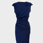 Diva retro 60's sleeveless sheath dress in navy blue rib jersey with pleated neck, drop shoulders, ruched waist, and pencil skirt for party or evening.