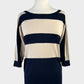 Sportscraft knit top with navy and beige striped panels, bateau neck, three quarter sleeves for smart casual wear.